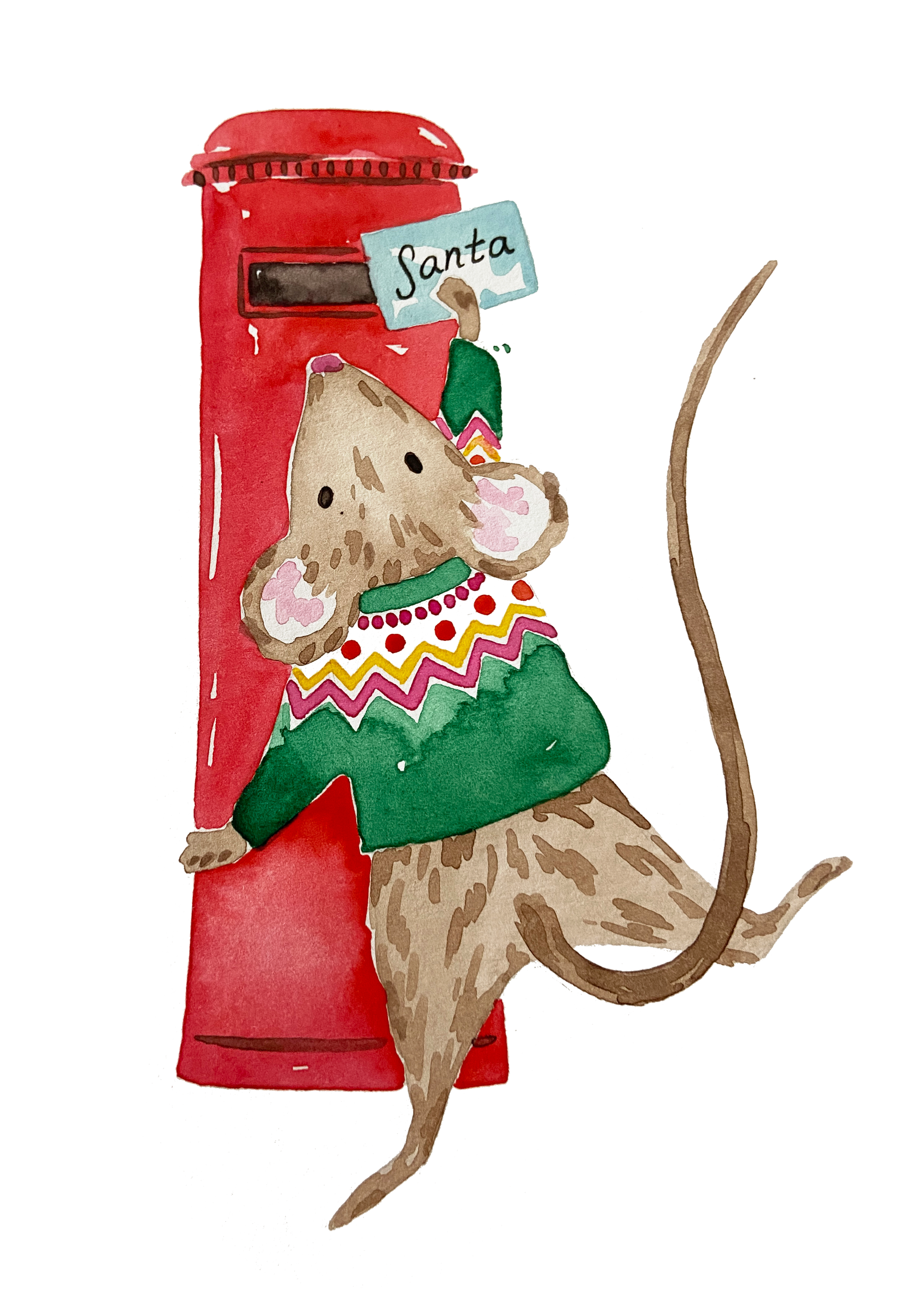 Hand-drawn illustration of a spotted brown elf in a green outfit and red hat beside a red mailbox holding a letter labeled “Santa.” Hand painted surface print designs. Freelance print designer.