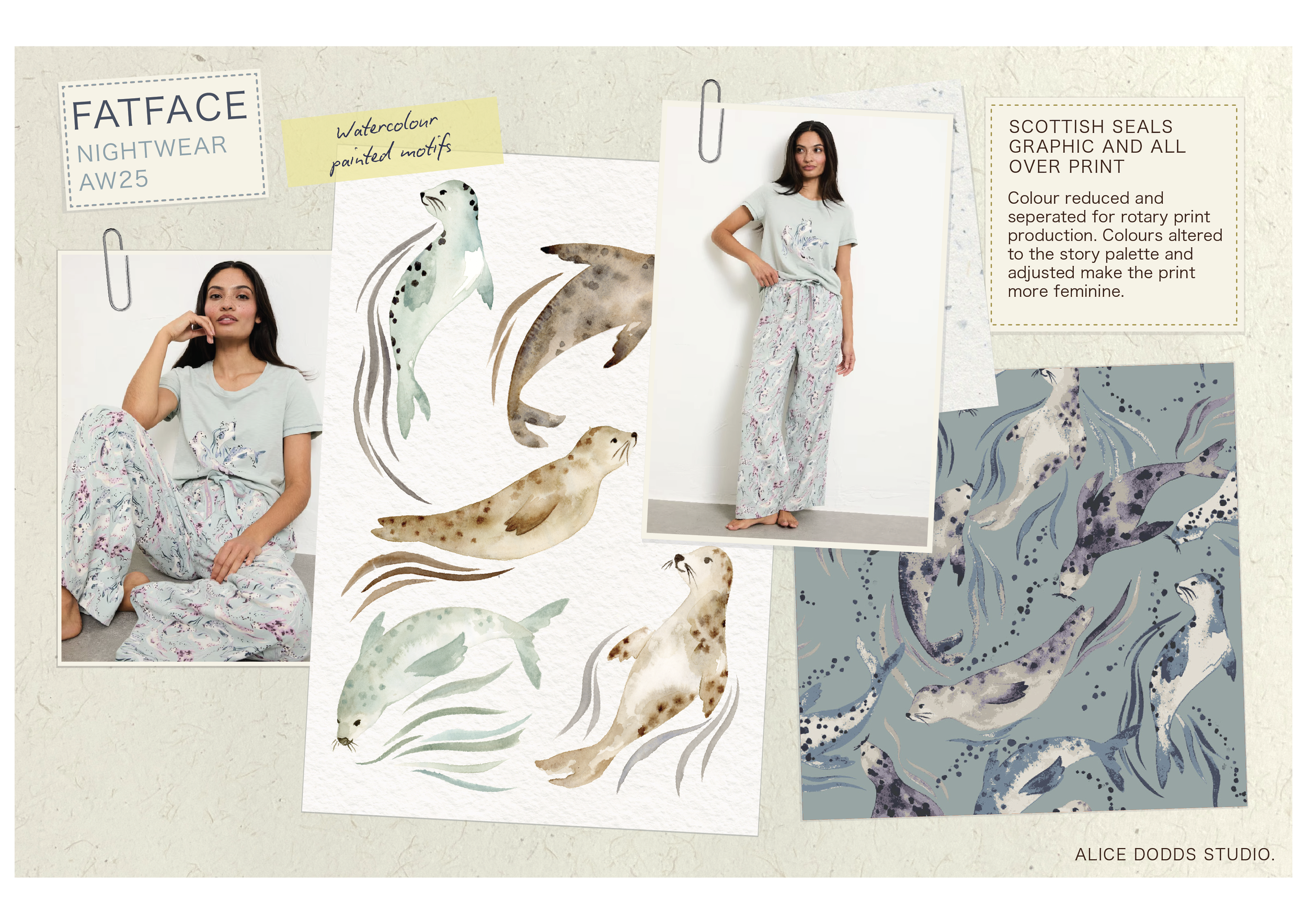 FatFace AW25 nightwear mood board featuring models in seal-print pajamas, watercolor seal illustrations, and a Scottish seals all-over print design. Hand painted surface print designs. Freelance print designer.