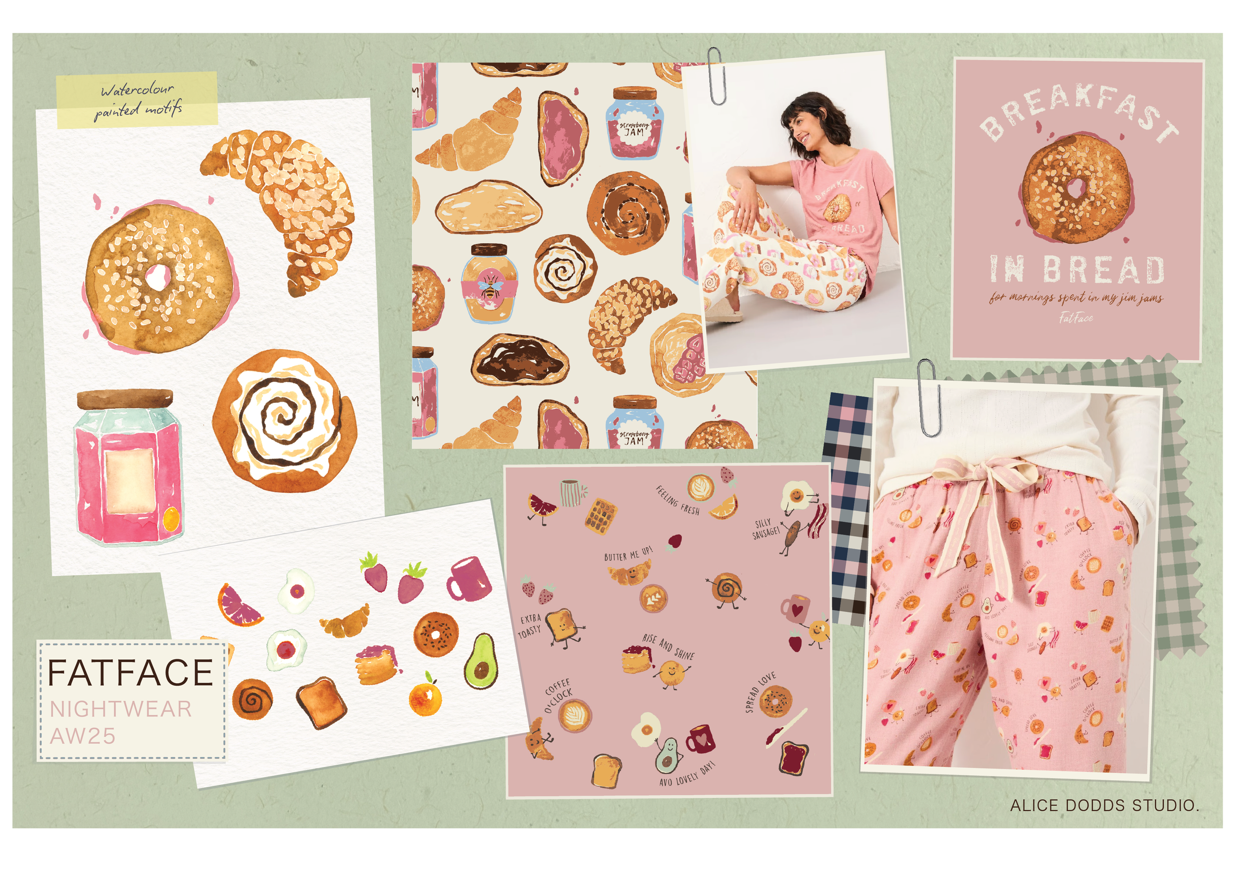 Collage for FatFace AW25 nightwear featuring breakfast-themed watercolor illustrations, a woman in a pink pajama top, and pink printed pajamas. Hand painted surface print designs. Freelance print designer.