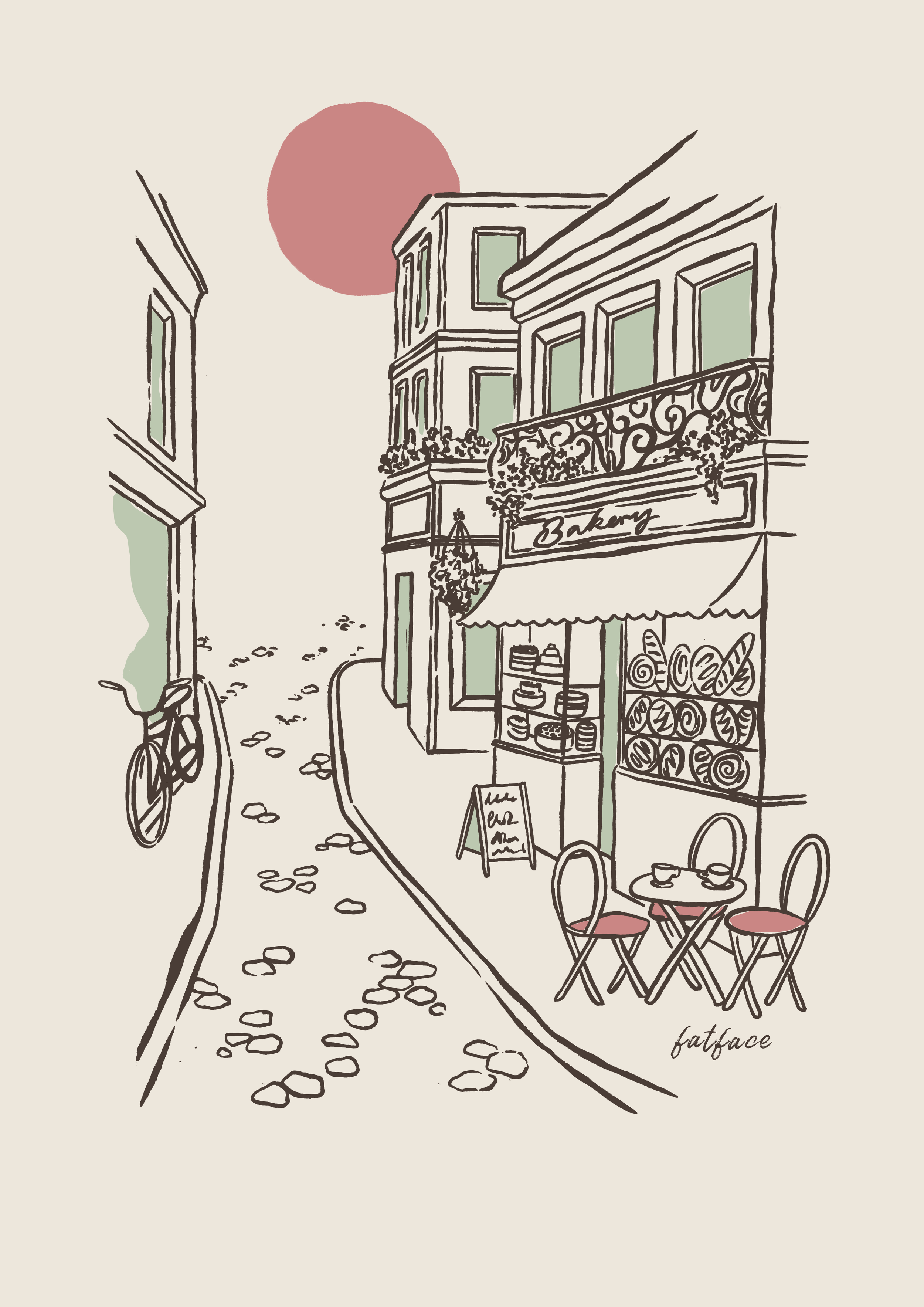 Hand-drawn bakery café on a European-style street with outdoor tables, pastries, flower boxes, and a setting sun