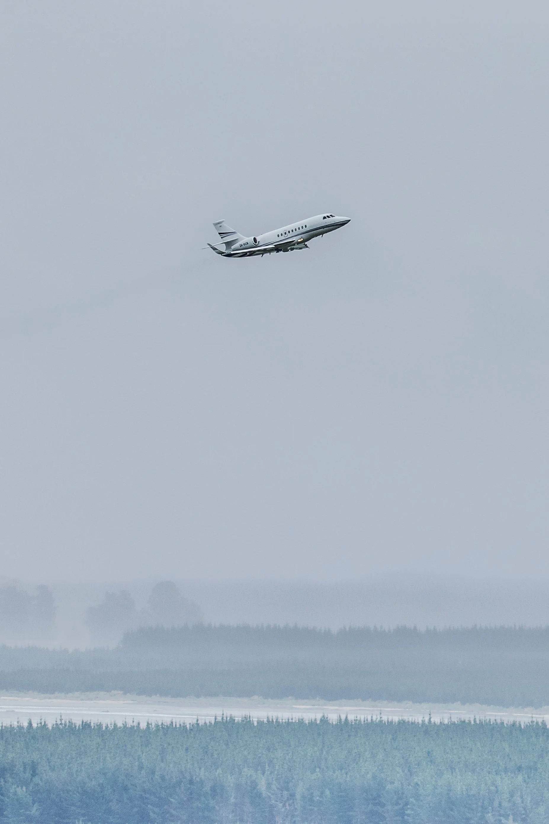 Vintage passenger airplane flying over a misty forest landscape