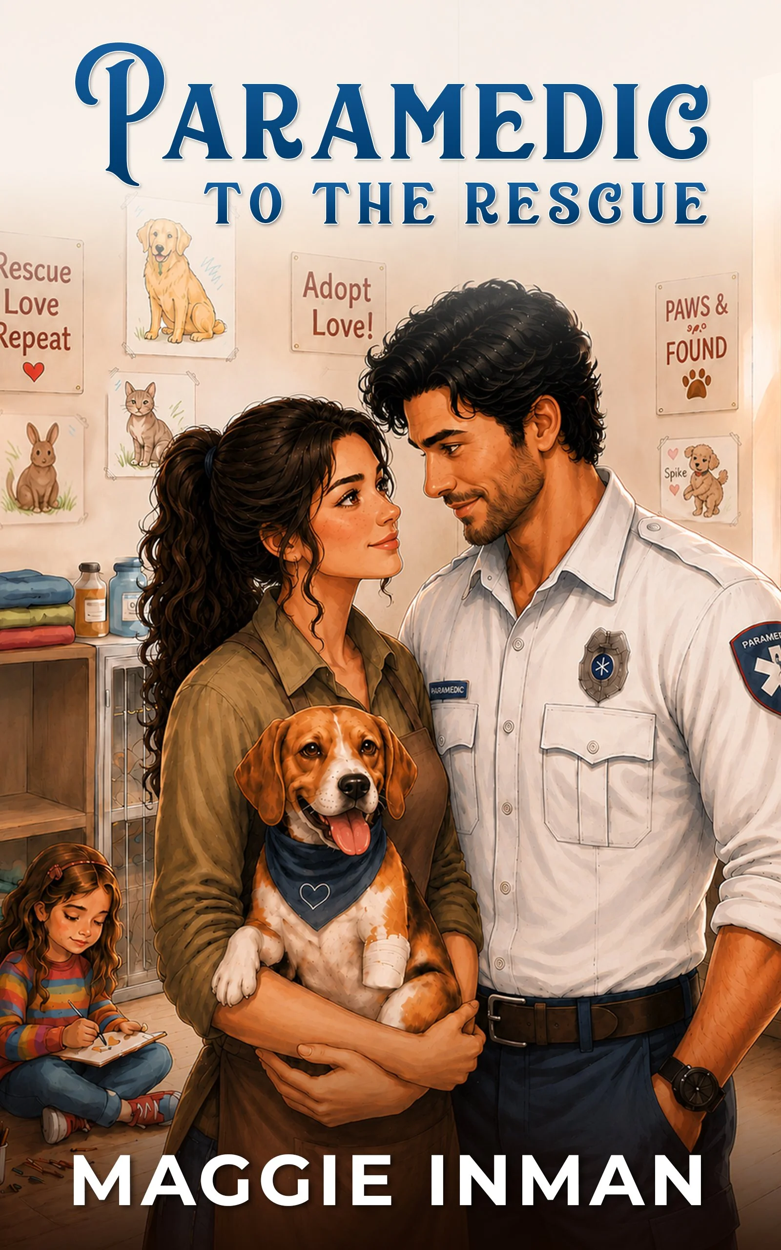Paramedic to the Rescue book cover showing a paramedic, woman, child, and injured dog in an animal rescue shelter