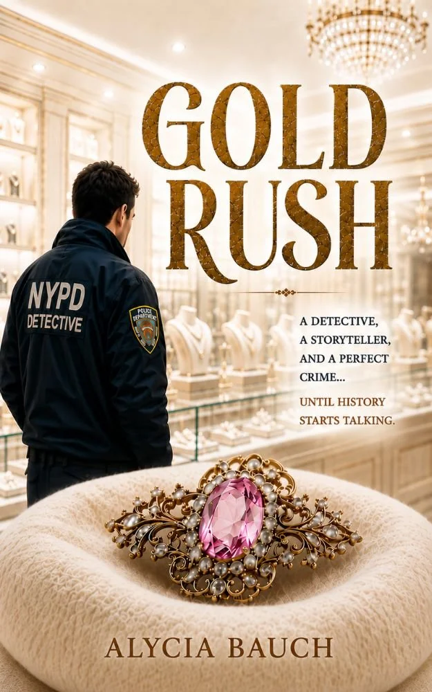 Book cover for "Gold Rush" by Alycia Bauch, featuring an NYPD detective in a jewelry store and an ornate gold-and-pink gemstone brooch.