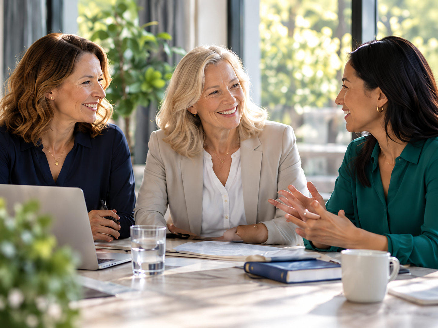 Three women discussing donor strategy at a meeting table