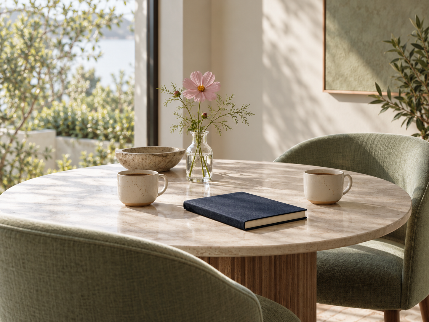 A sunlit table set for a conversation, with two ceramic cups, a navy notebook and a pink flower.