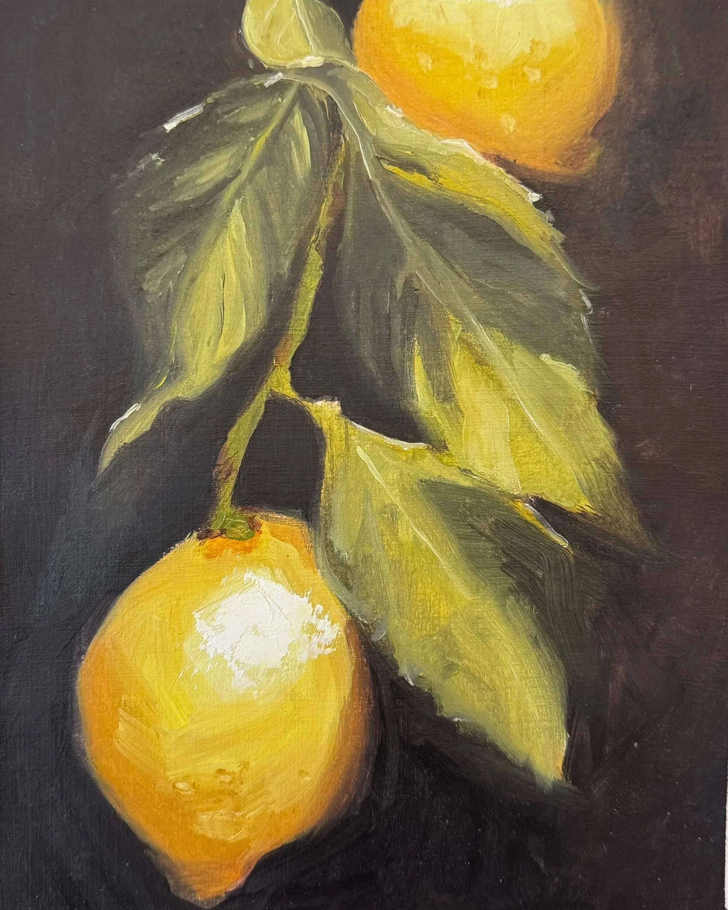 Close-up painting of yellow-orange flowers with green leaves against a dark background