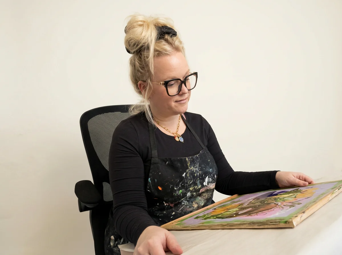 Artist wearing glasses and a paint-splattered apron working on a colorful painting at a table