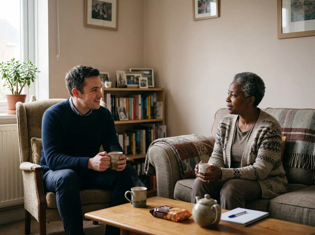Two people talking over tea in a cozy living room with bookshelves and family photos.
