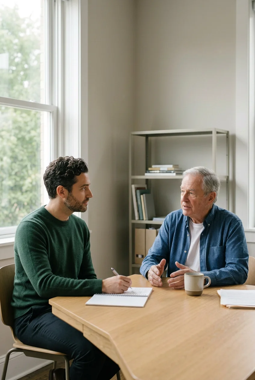 Two men discussing at a table, with one taking notes beside a coffee cup and documents