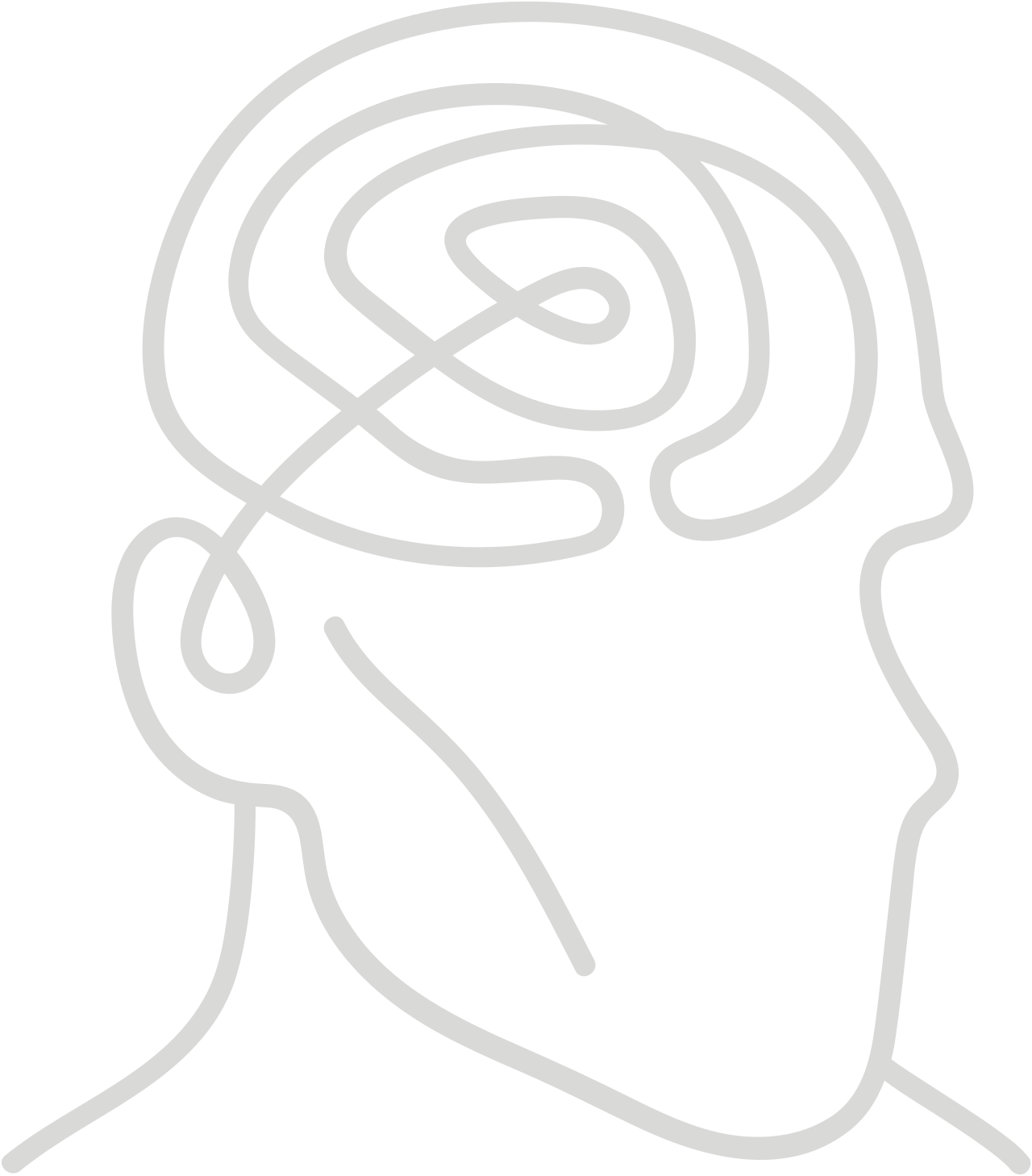 Line drawing of a human head in profile with a maze-like pattern representing complex thoughts or mental processes inside the head.