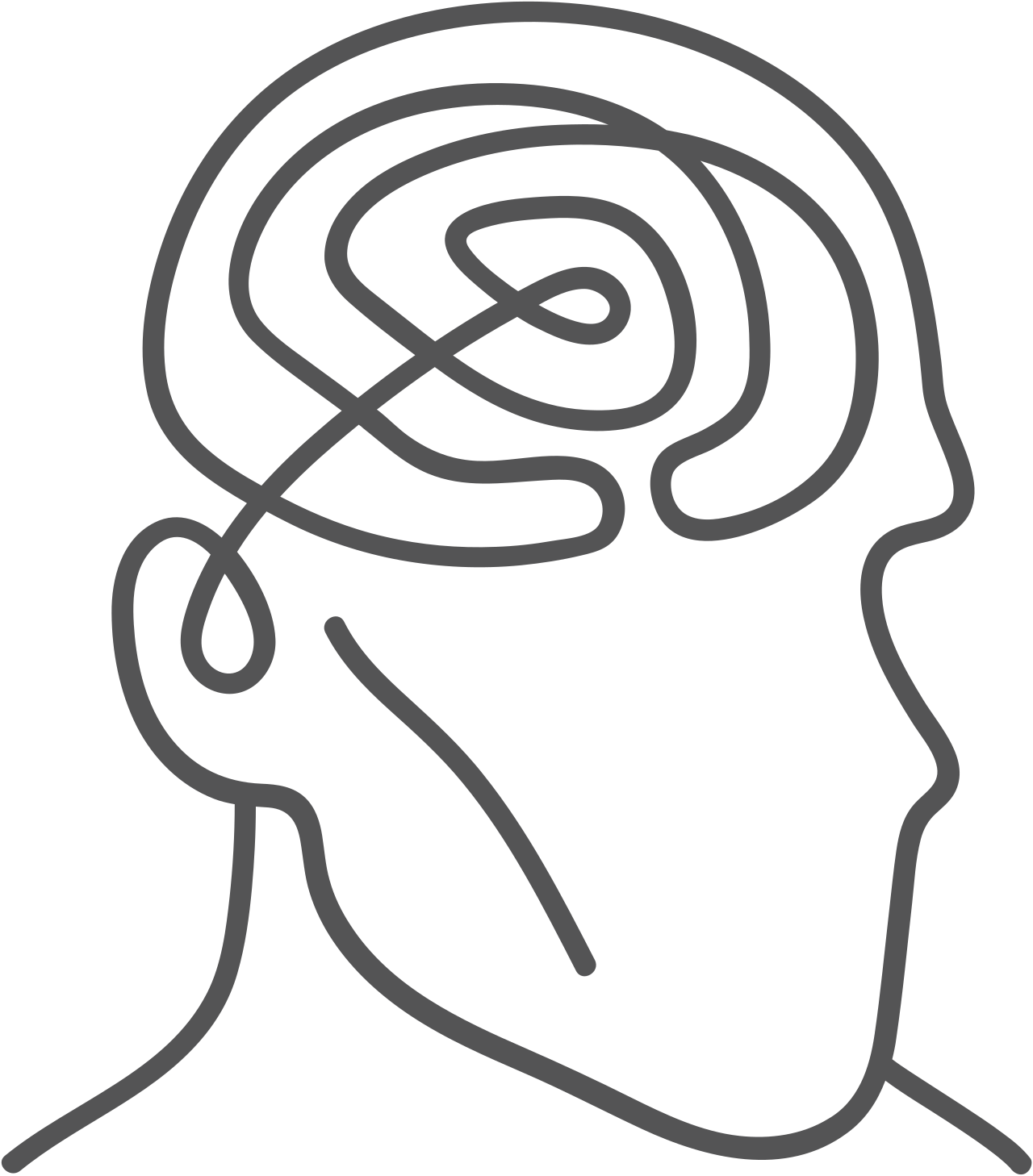 Line drawing of a human head in profile with a labyrinth or maze inside the brain area.