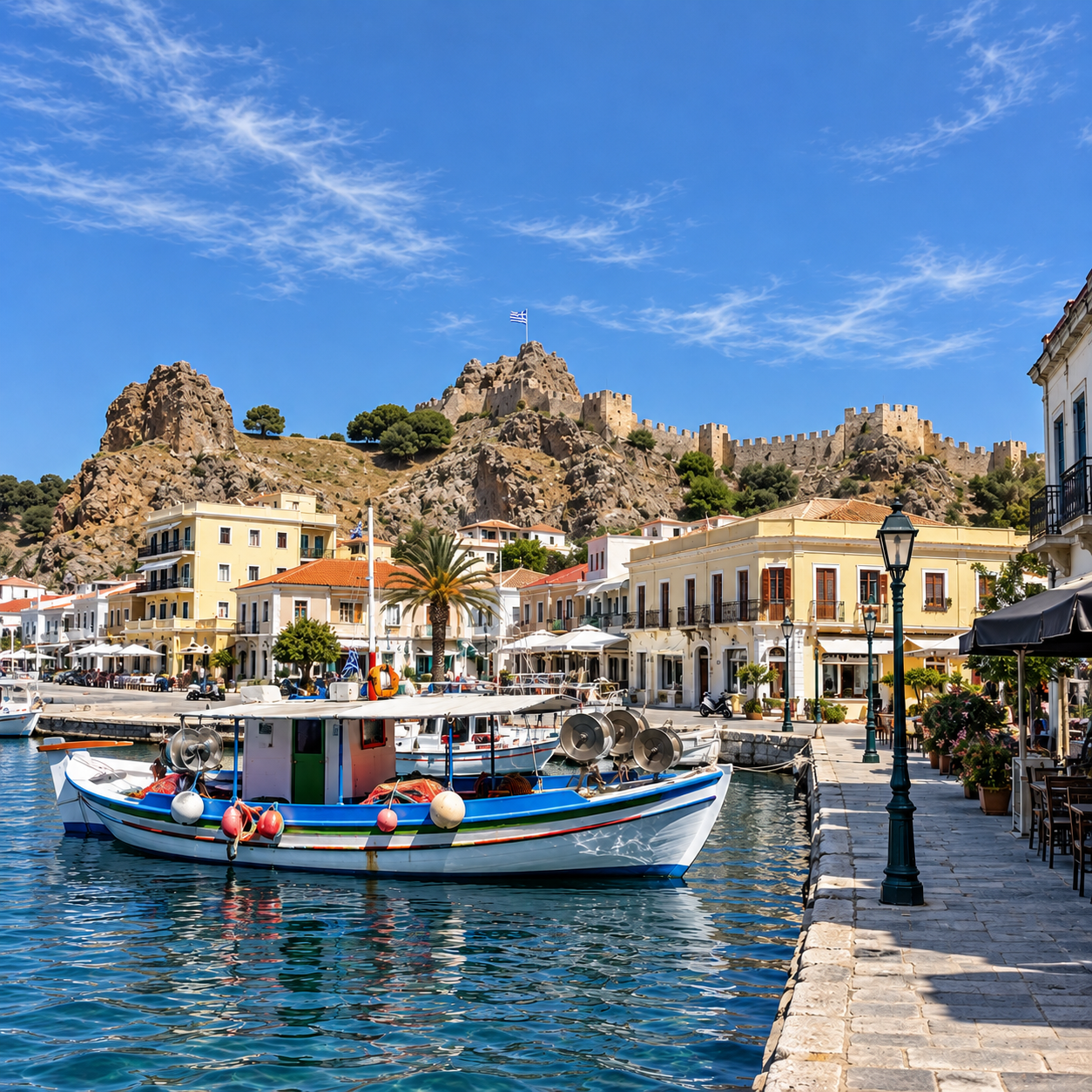 Colorful fishing boat in a Greek harbor with waterfront cafes and a hilltop castle flying the Greek flag