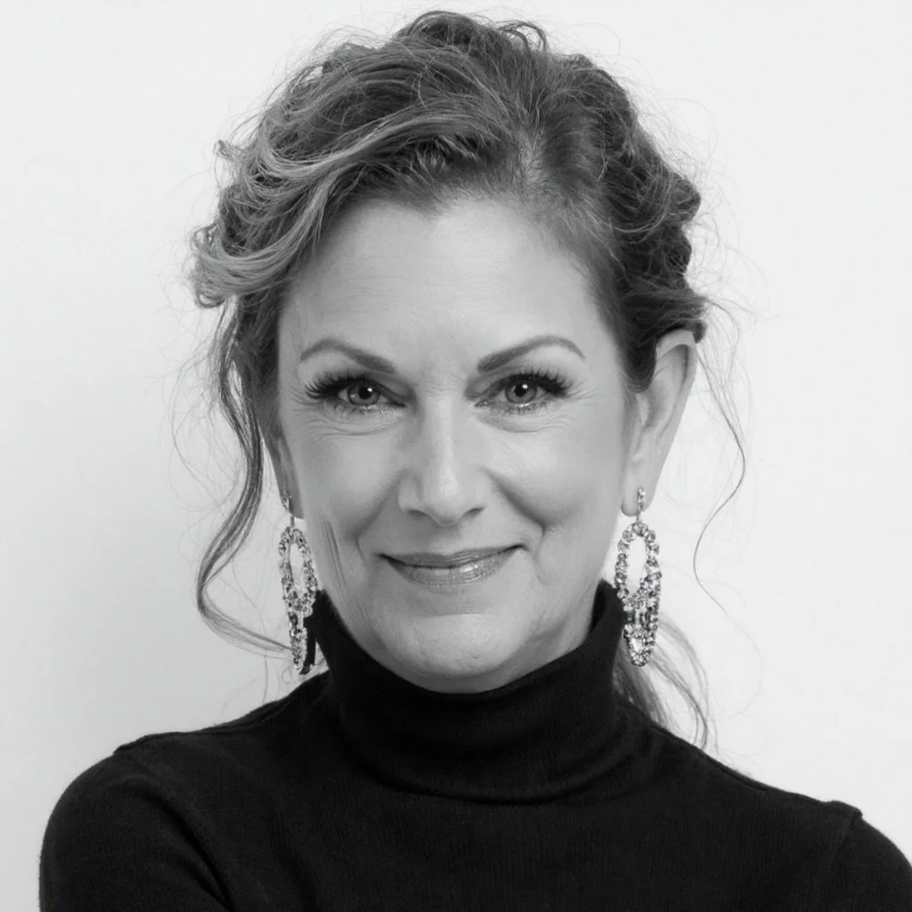 Black-and-white portrait of a smiling woman with wavy hair, dangling earrings, and a black turtleneck