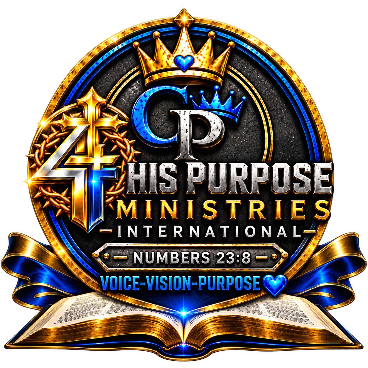 Ornate Christian ministry logo reading “This Purpose Ministries International,” featuring crowns, cross, blue heart, Bible, and the motto “Voice-Vision-Purpose,” with Numbers 23:8.