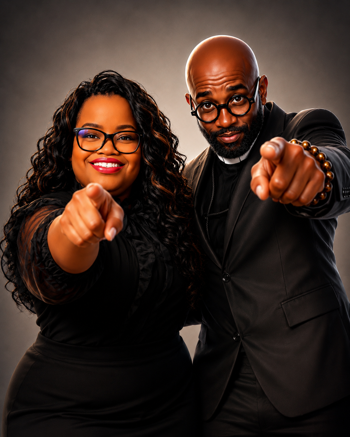 Smiling Black woman and bald Black man in glasses pointing toward the camera, both wearing black clothing.