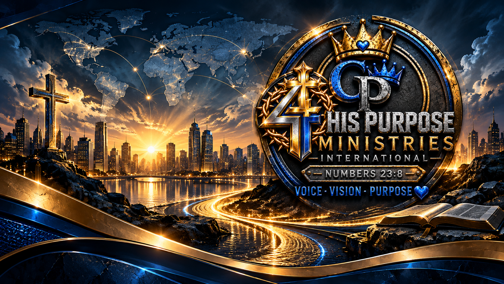 Christian ministry logo over a glowing city skyline, world map, cross, crown, Bible, and the text “This Purpose Ministries International — Numbers 23:8.”