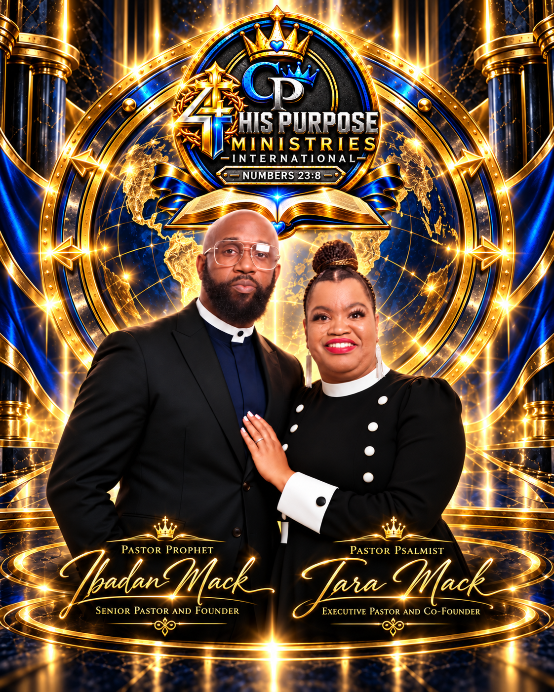 Portrait of Pastor Prophet Ibadan Mack and Pastor Psalmist Tara Mack, founders of 4 His Purpose Ministries International, with a Bible and globe emblem.