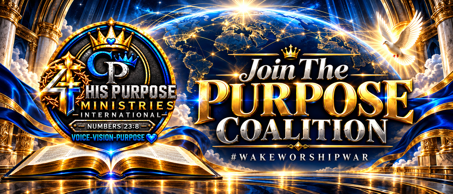 Christian ministry banner reading “Join the Purpose Coalition,” featuring the His Purpose Ministries International logo, open Bible, globe, dove, and hashtag #WakeWorshipWar.
