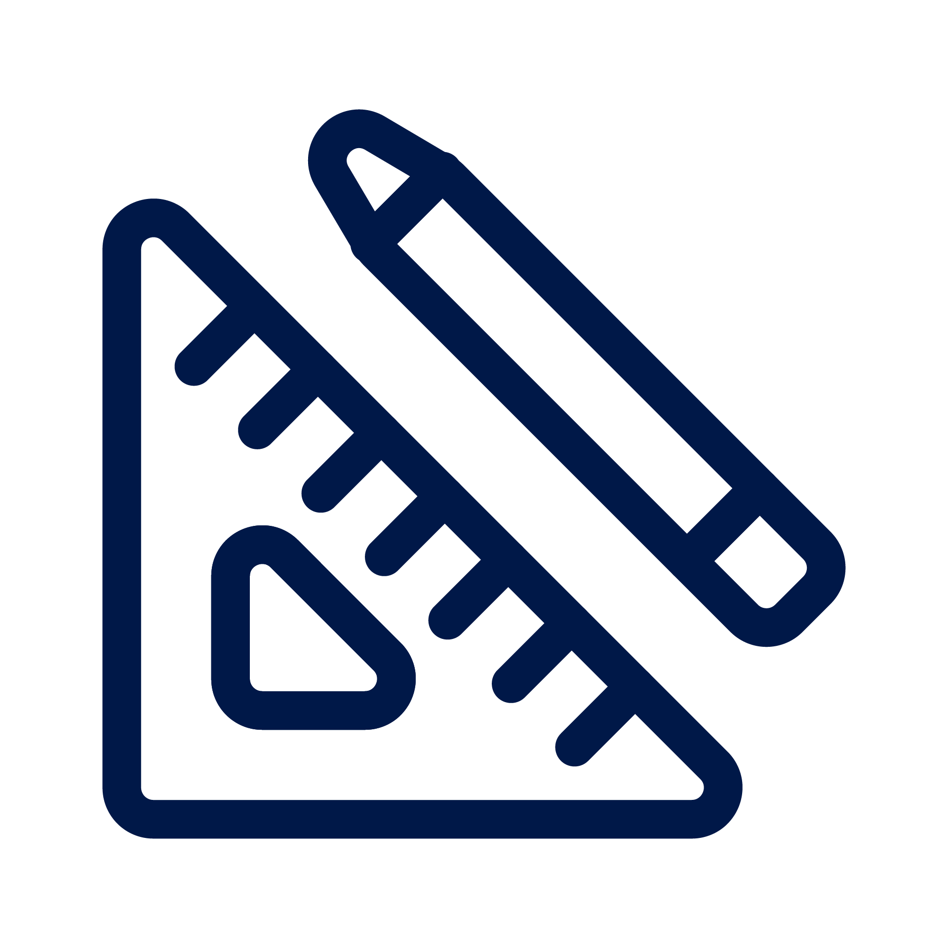 Dunkelblaues Line-Icon eines Geodreiecks mit Lineal und Bleistift