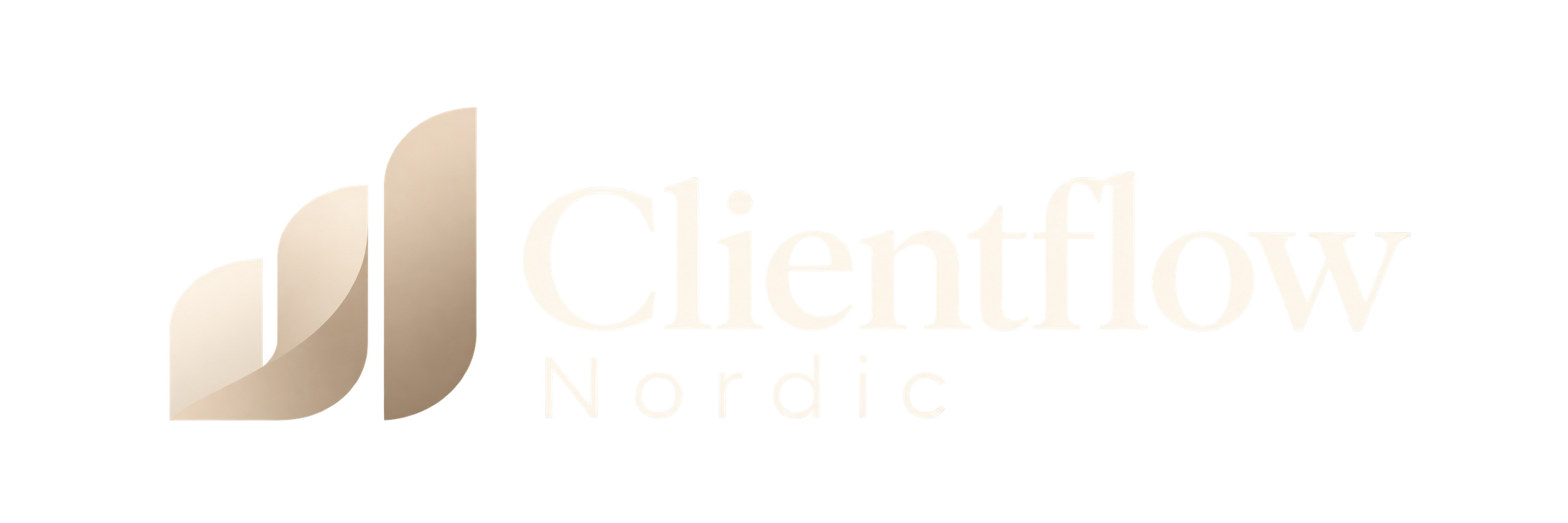 Logo med teksten »Clientflow Nordic« og et abstrakt geometrisk symbol i beige og hvid.