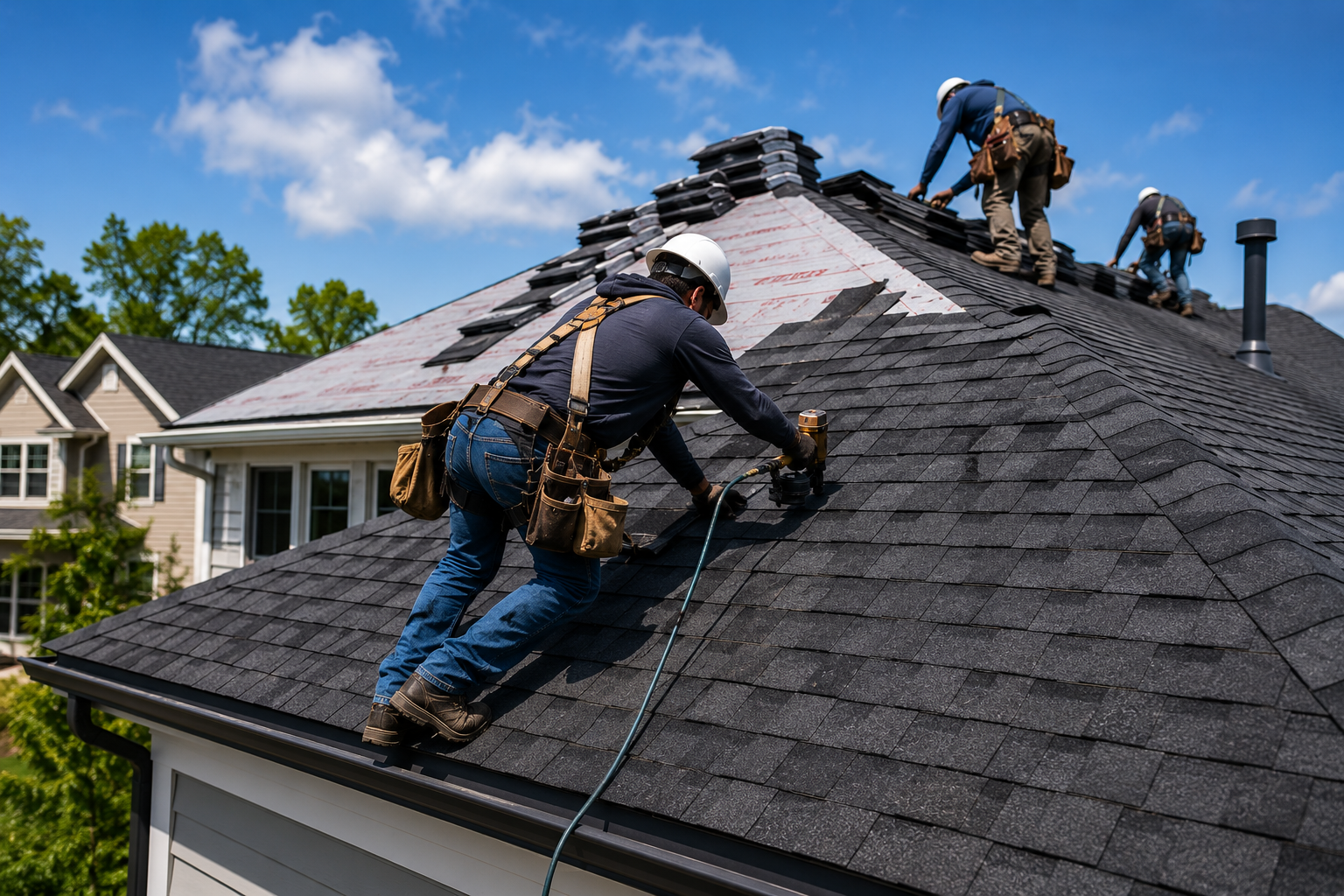 Roofing contractors installing asphalt shingles on a residential roof under a sunny blue sky