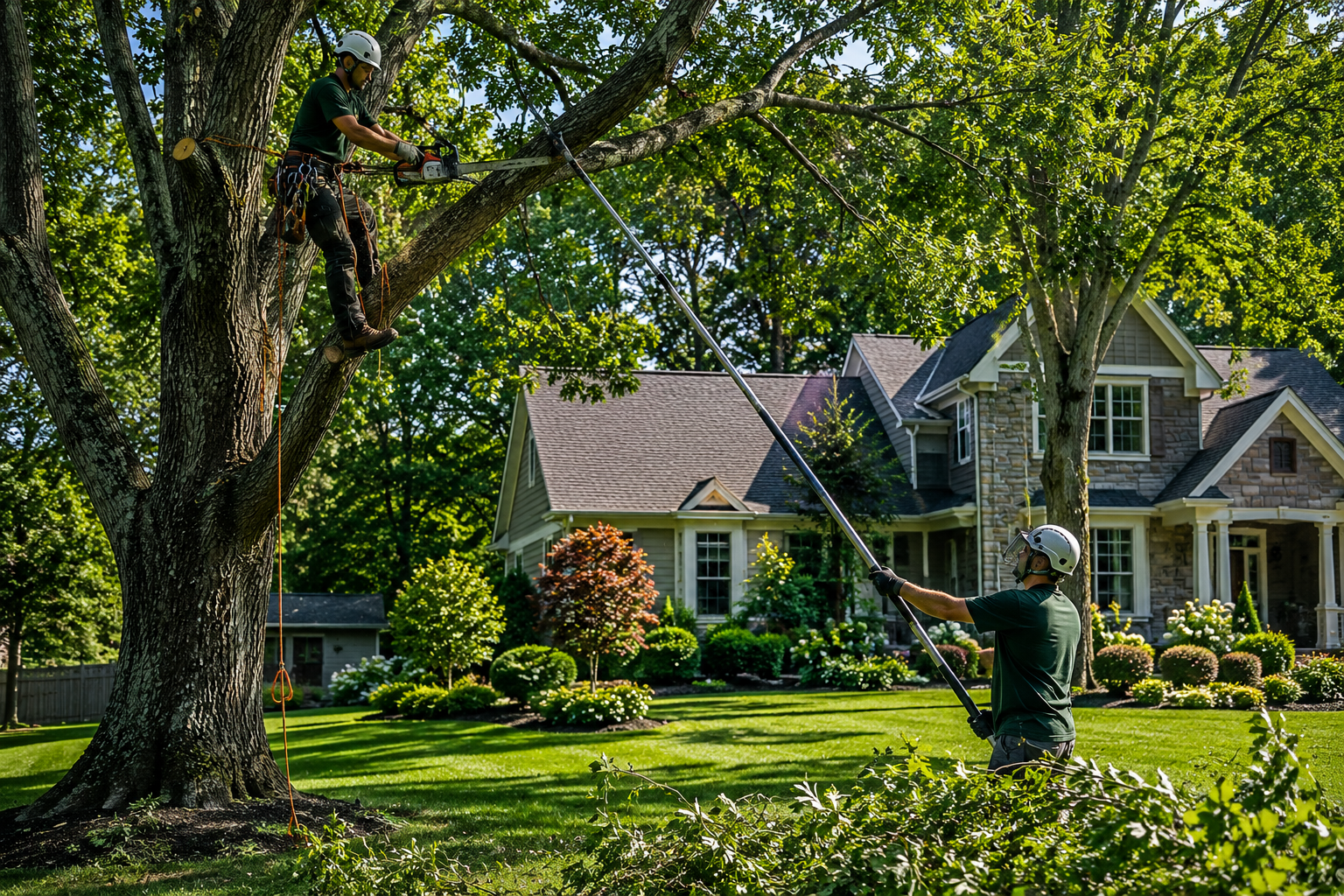 Two arborists in safety gear pruning a large tree in a landscaped residential yard.