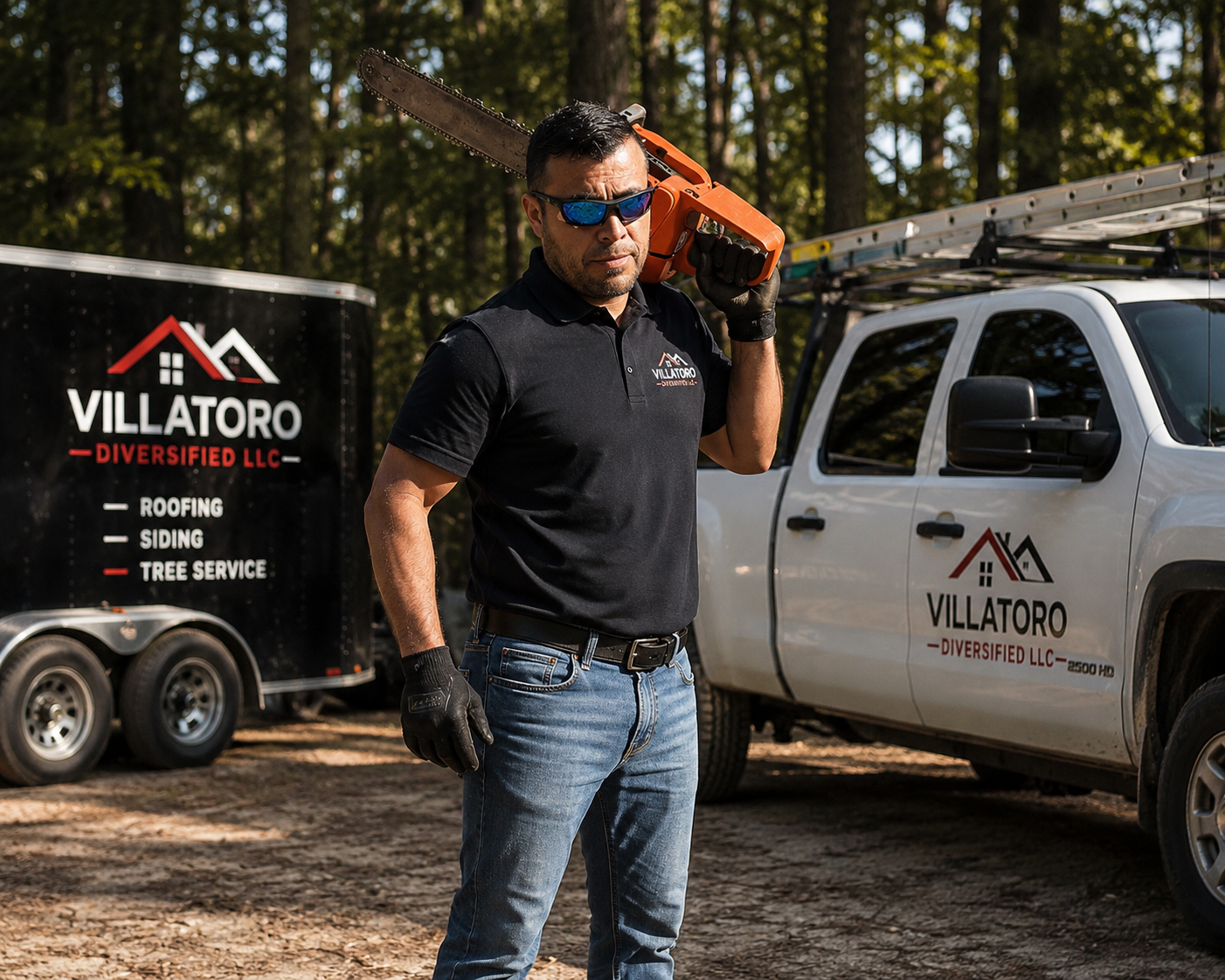 Tree service worker carrying an orange chainsaw beside a Villatoro Diversified LLC truck and trailer.