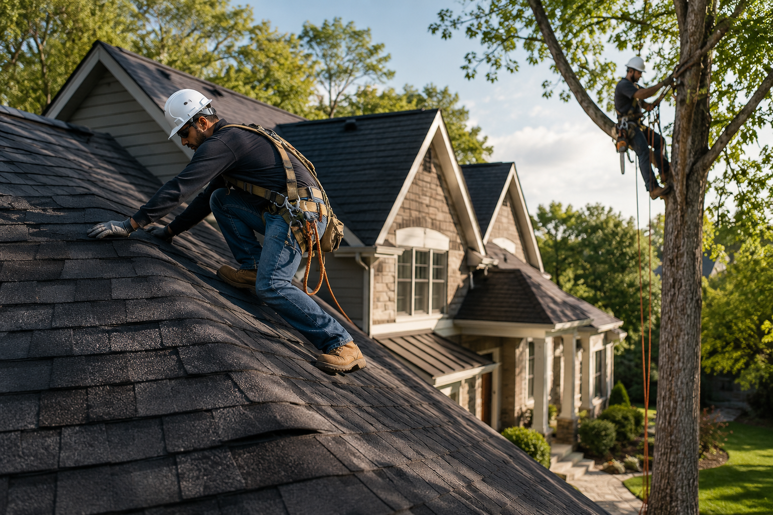 Roofing worker in safety gear installing shingles while a tree climber works beside a house.