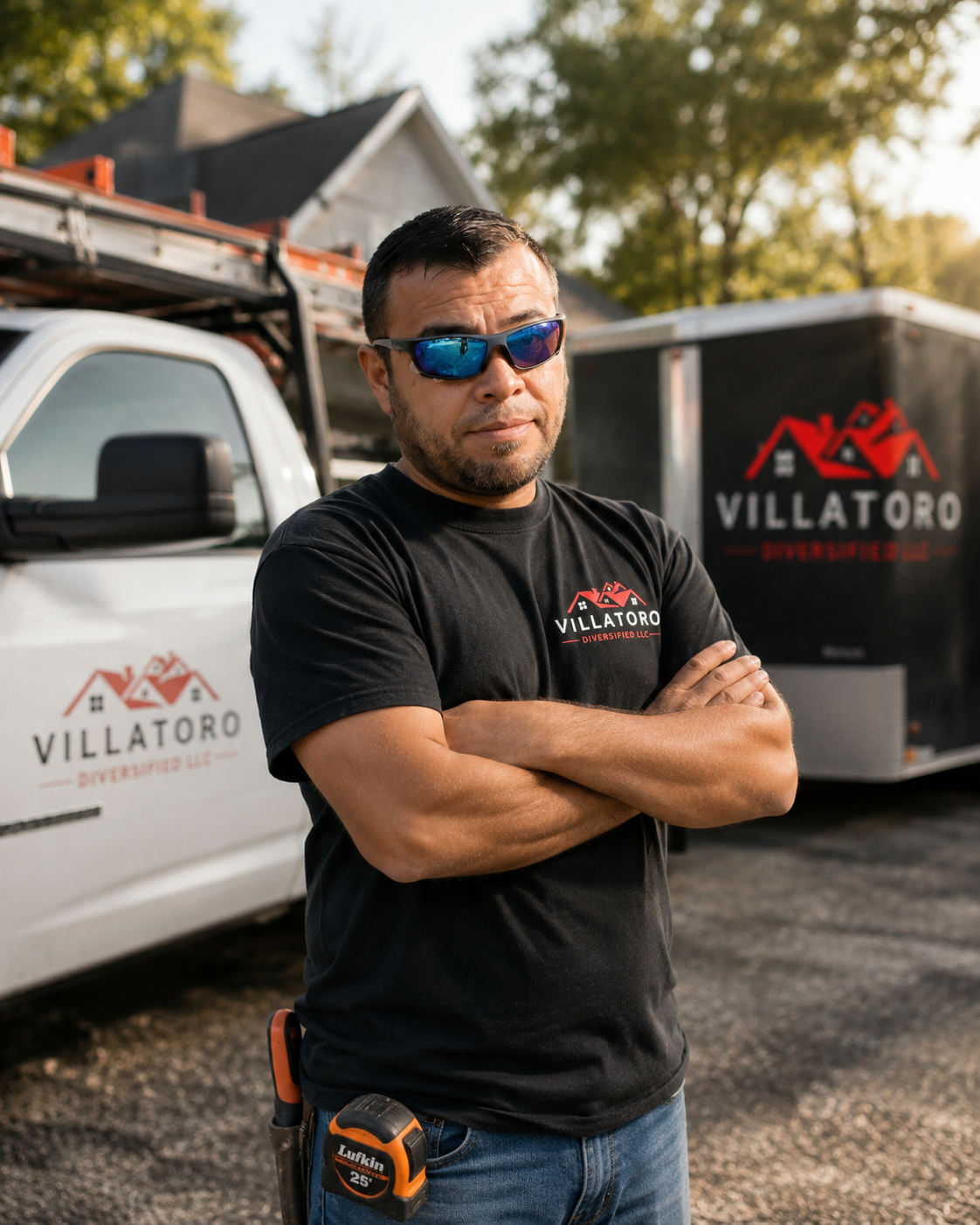 Contractor wearing sunglasses and a Villatoro Diversified LLC shirt standing with crossed arms beside branded work trucks and a trailer.