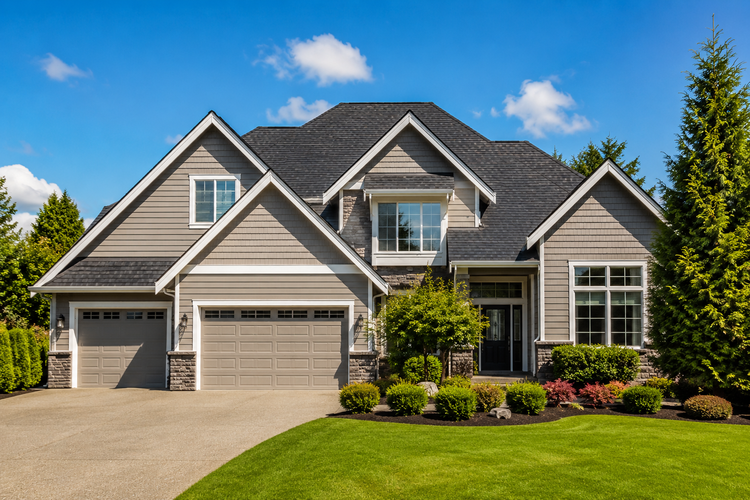 Large suburban home with multiple gables, two-car garage, landscaped front yard, and blue sky