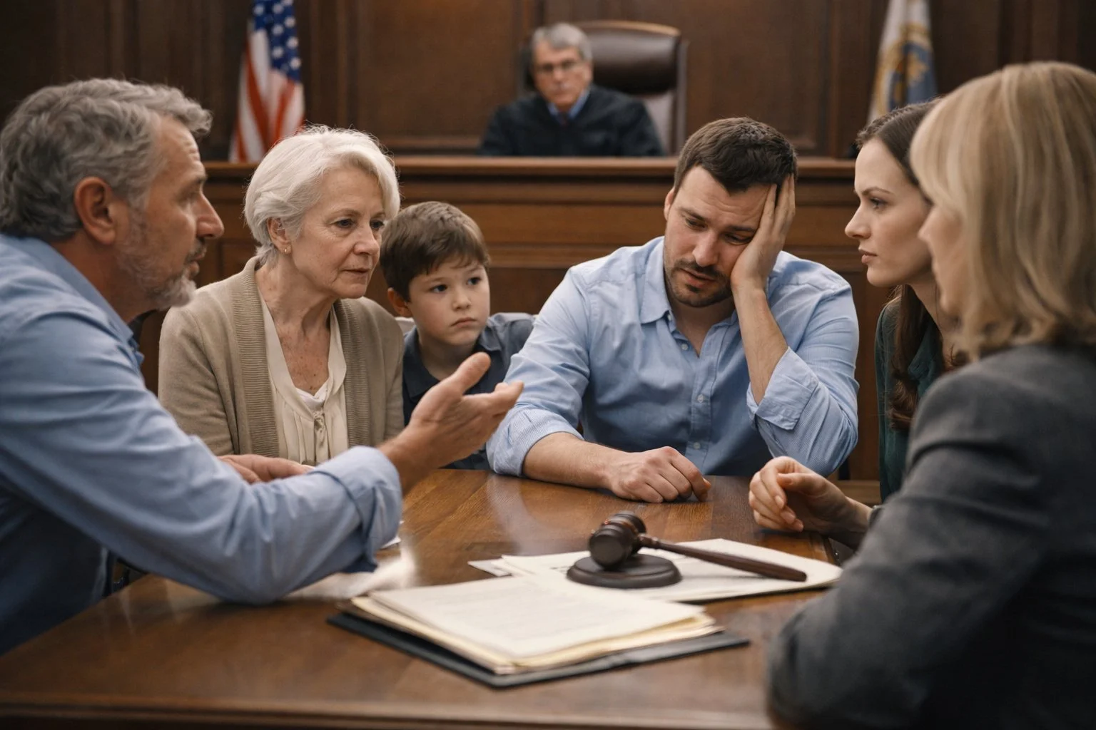Family meeting with attorneys at a courthouse table, judge seated behind them, and gavel atop legal documents