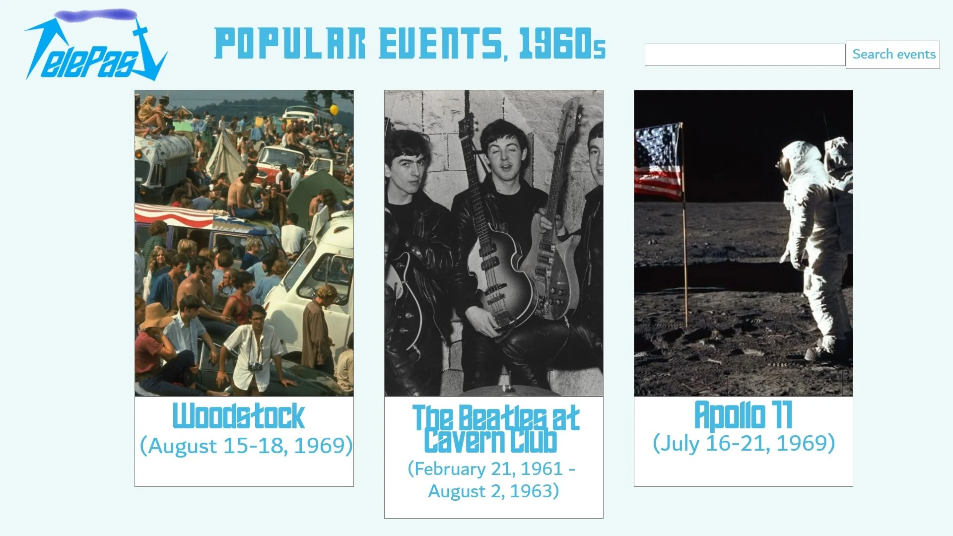 A page on the website showing popular events from the 1960s. We were each assigned a specific historical event to incorporate into our project. Mine was the Beatles' earliest performances at the Cavern Club, which I put in between Woodstock and the A