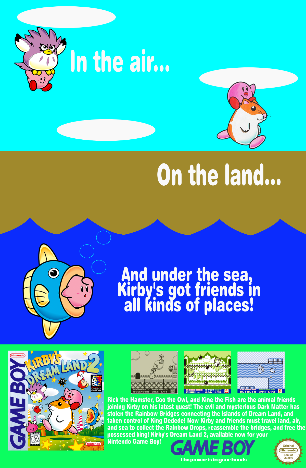 A mockup advertisement for the 1997 Nintendo game Kirby's Dream Land 2.