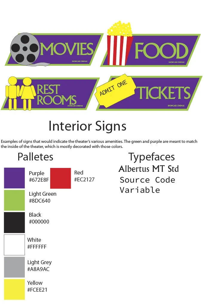 A page of the style guide detailing the colors and fonts used for the new signs seen inside the theater. Shown here are signs for the list of movies being shown, the concession stand, the restrooms, and the ticket booth.