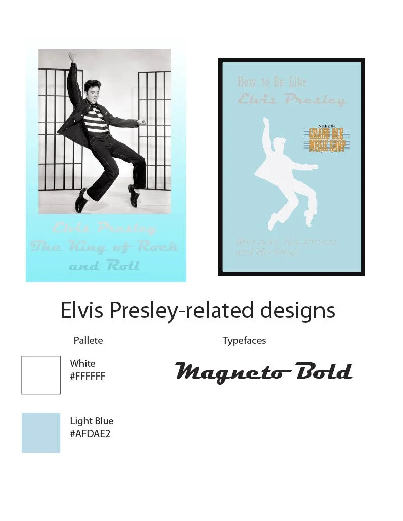 A page of the style guide showing merchandise based on Elvis Presley.