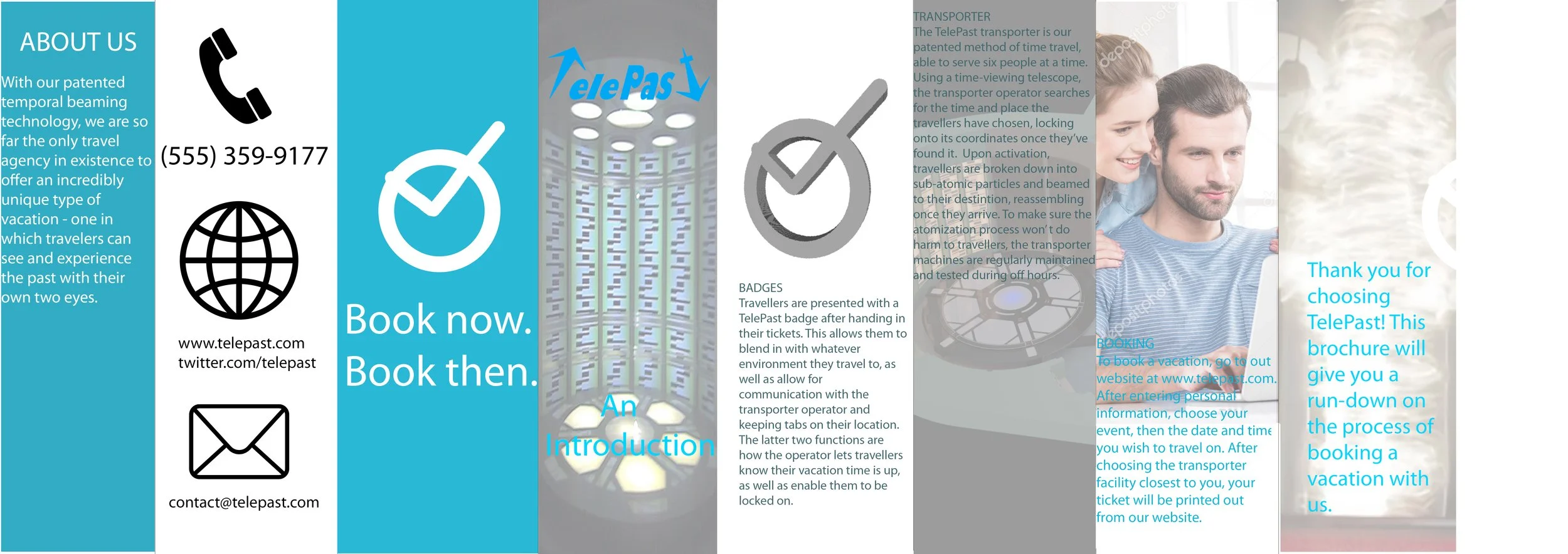 A brochure explaining how the company's services and proprietary time travel technology technology works.