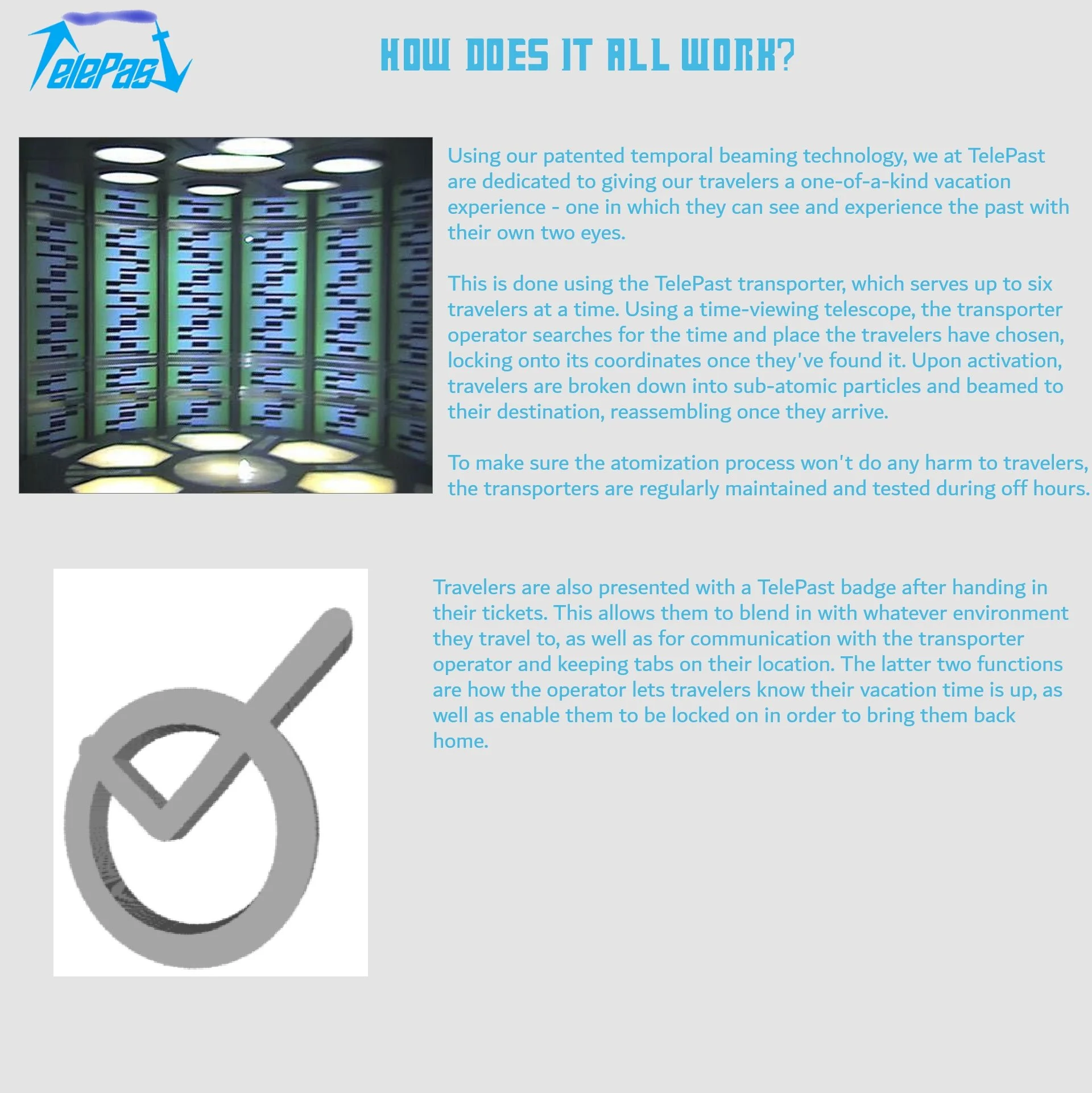 A page of the website explaining how the company's proprietary time travel technology works.
