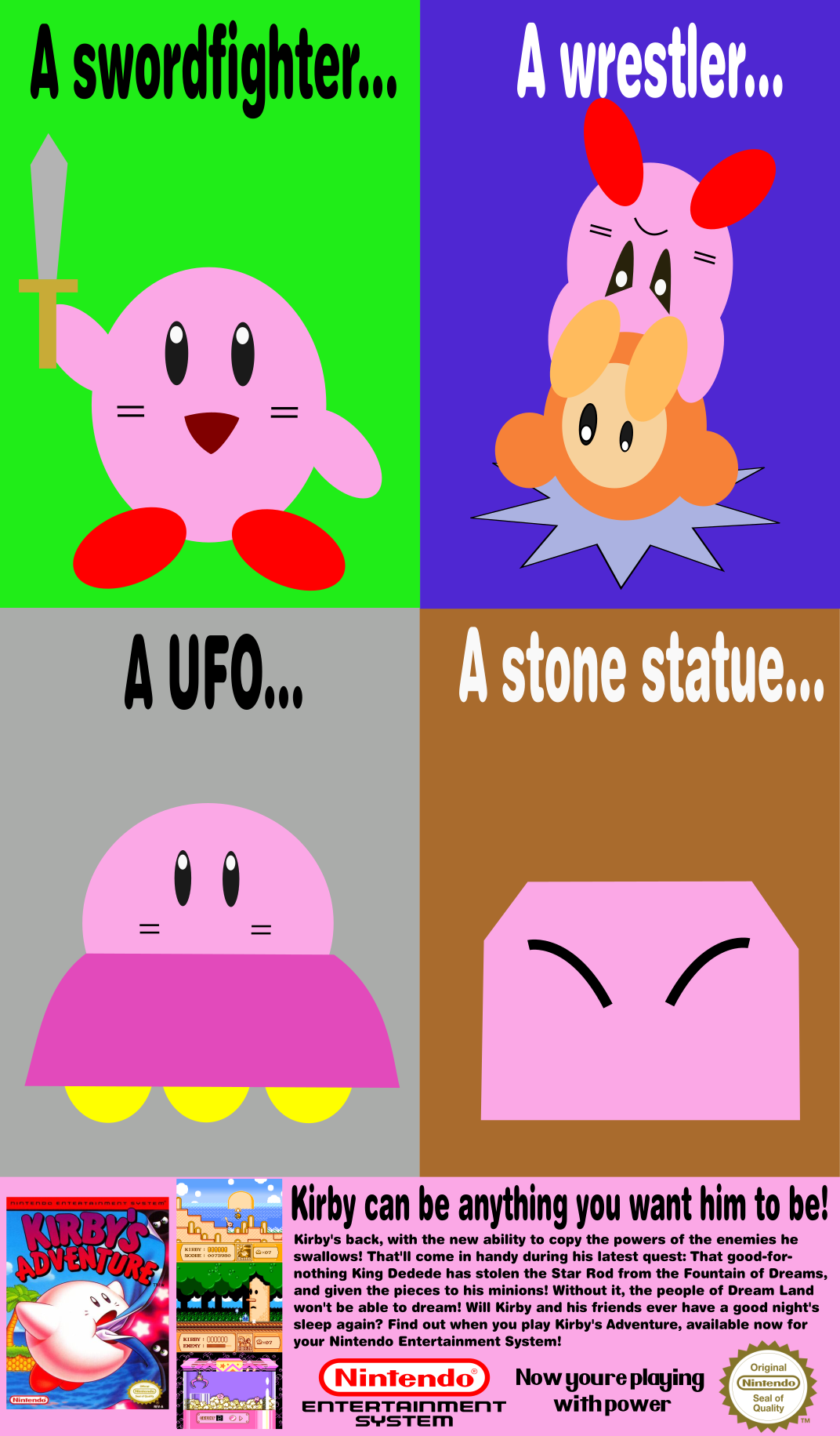A mockup advertisement for the 1995 Nintendo game Kirby's Adventure.