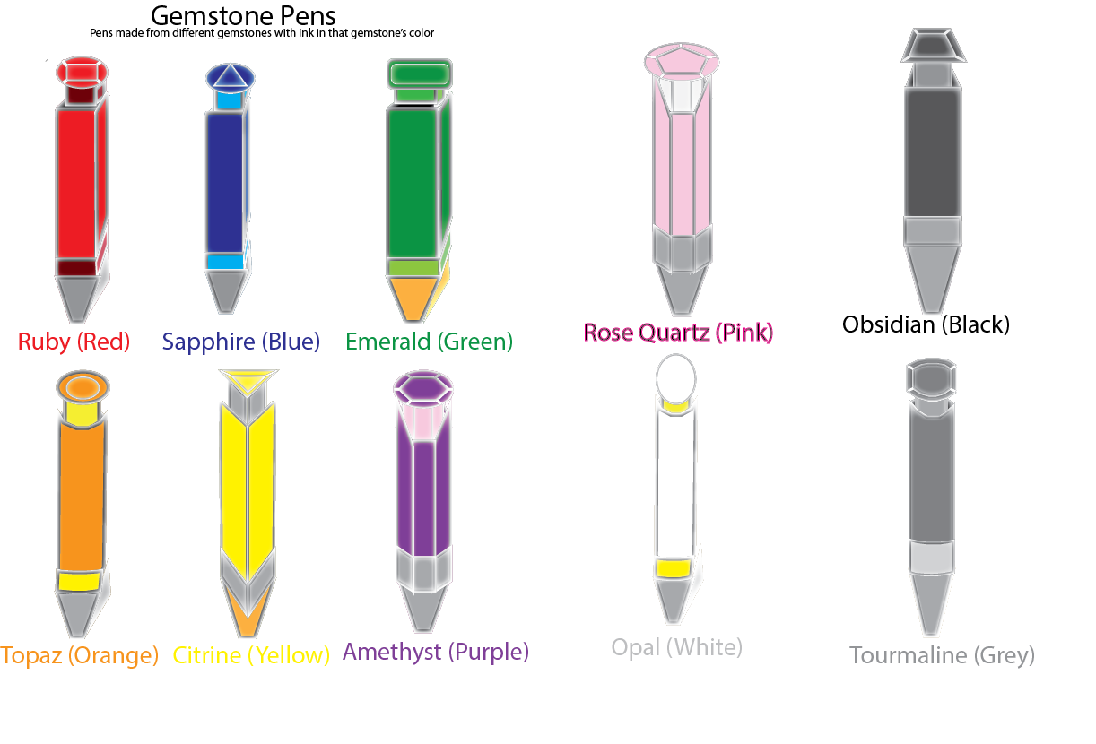 Concept art for gemstone-themed pens that write in different colors, which people could buy from the website.