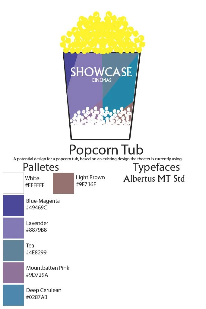 A page of the style guide detailing the colors and fonts used for the new popcorn tub.