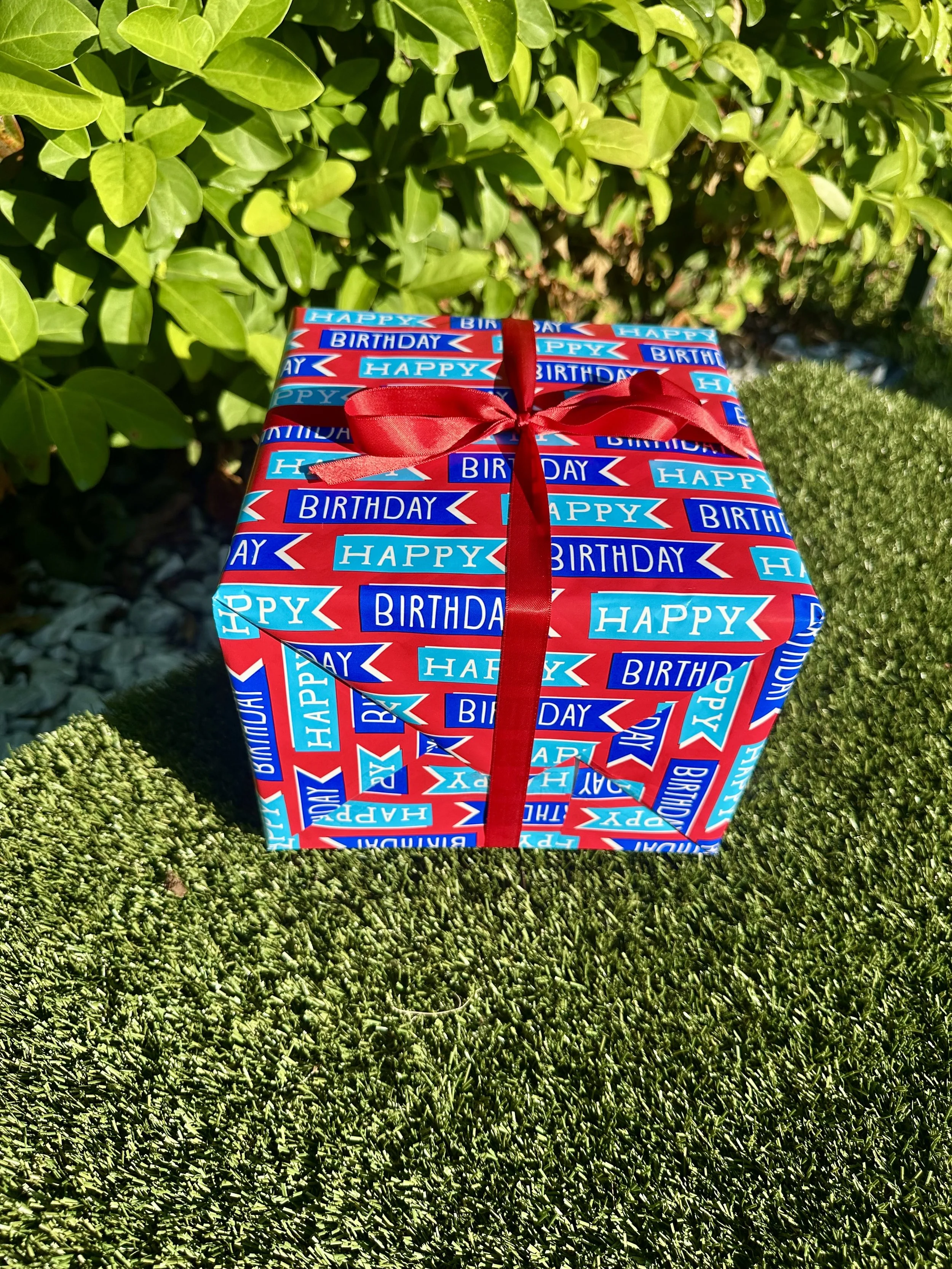 Colorful birthday gift wrapped in red, blue, and turquoise paper with a red ribbon, resting on green grass beside leafy shrubs.