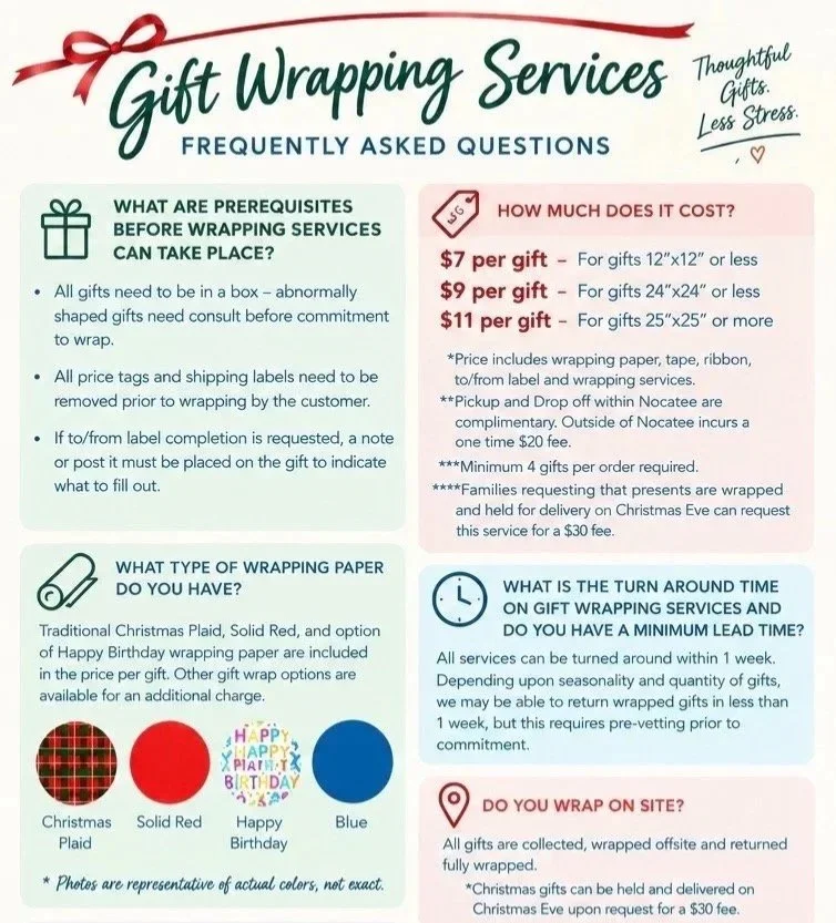Gift wrapping services frequently asked questions flyer listing prerequisites, pricing, wrapping paper options, turnaround time, and onsite service details.