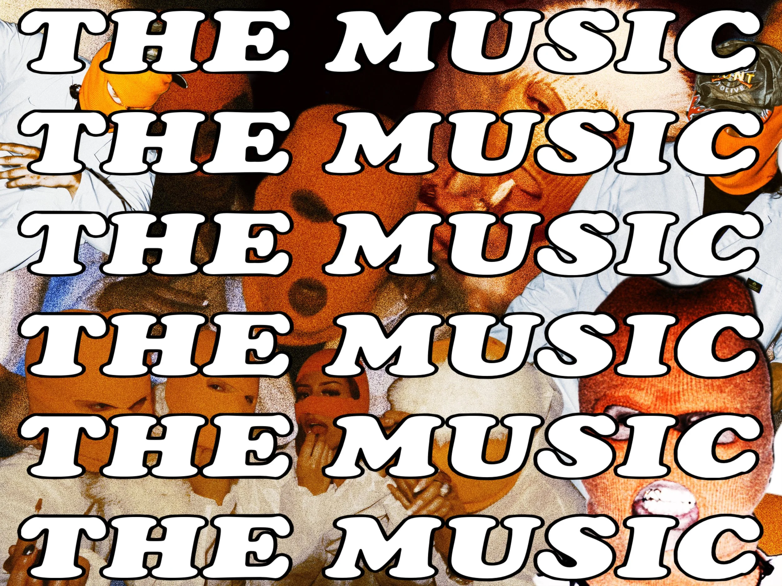 Collage of repeated white "THE MUSIC" text over vintage music and musician imagery