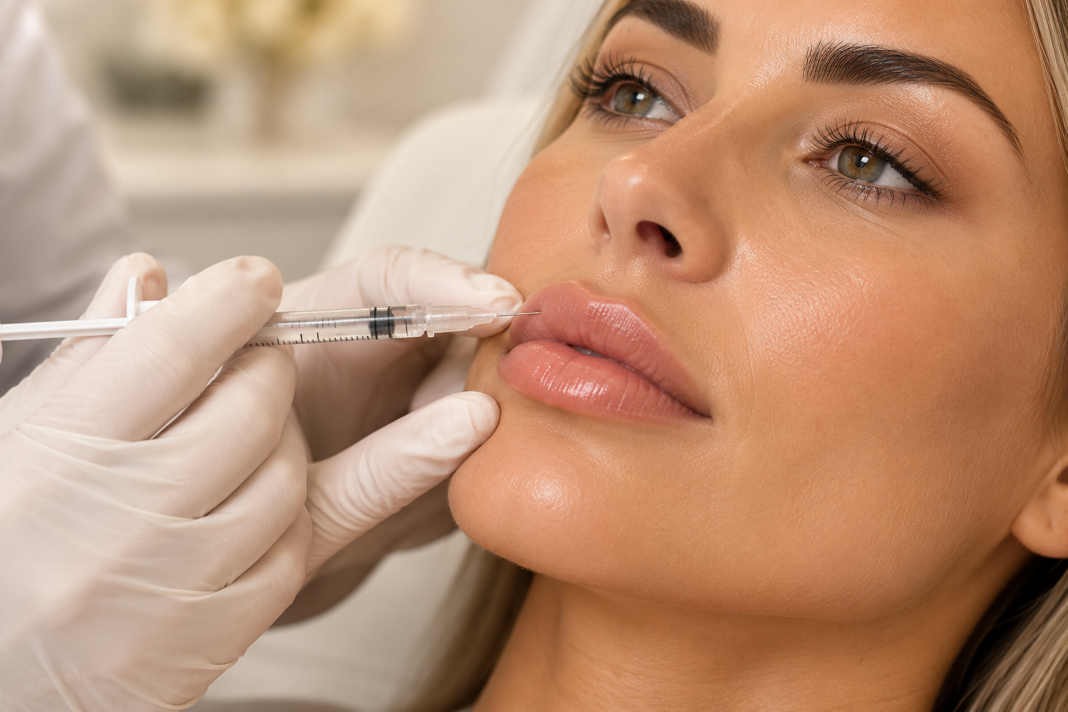 Close-up of a cosmetic professional injecting lip filler into a woman's upper lip with a syringe