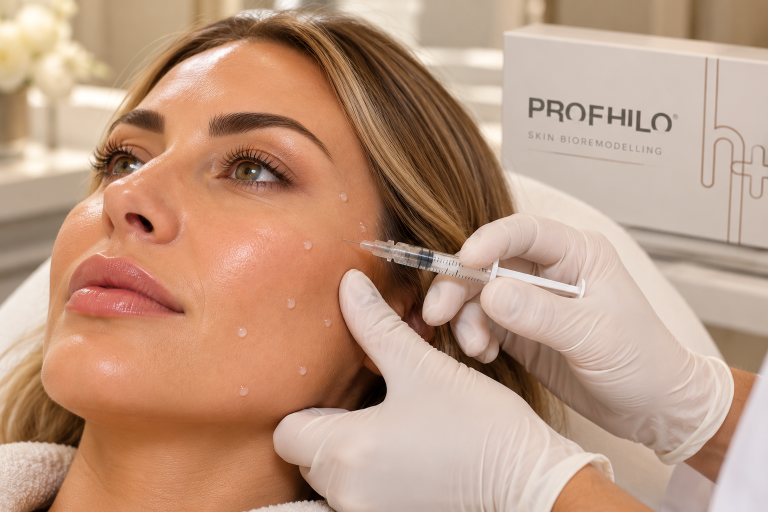 Close-up of a woman receiving a Profhilo skin bioremodeling injection in her cheek at a cosmetic clinic