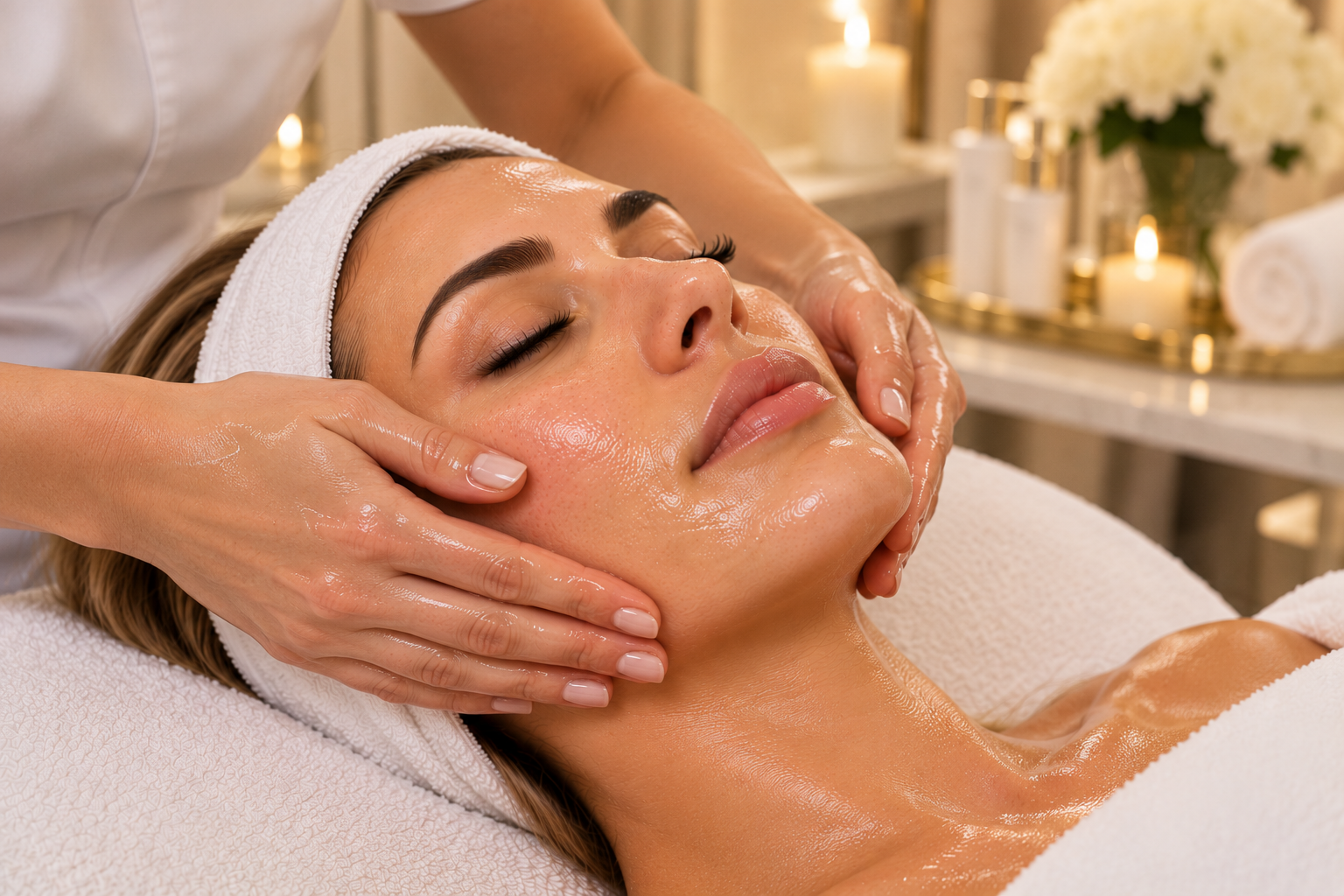 Woman receiving a relaxing facial massage at a spa, surrounded by candles and white towels.