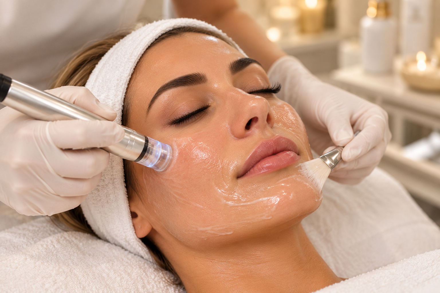 Woman receiving a facial treatment with a skincare device and brush at a spa