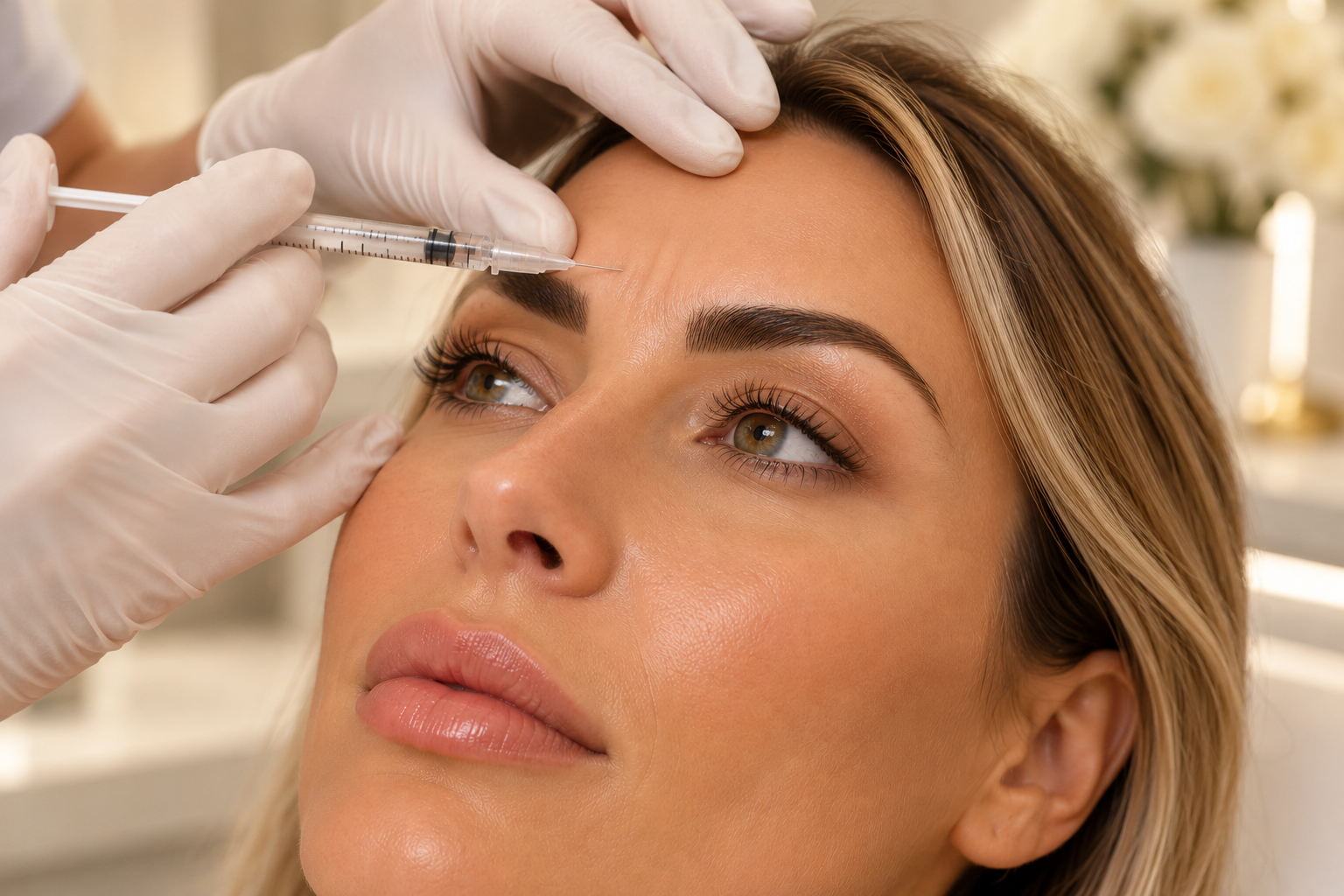 Close-up of a woman receiving a forehead injection from a gloved medical professional