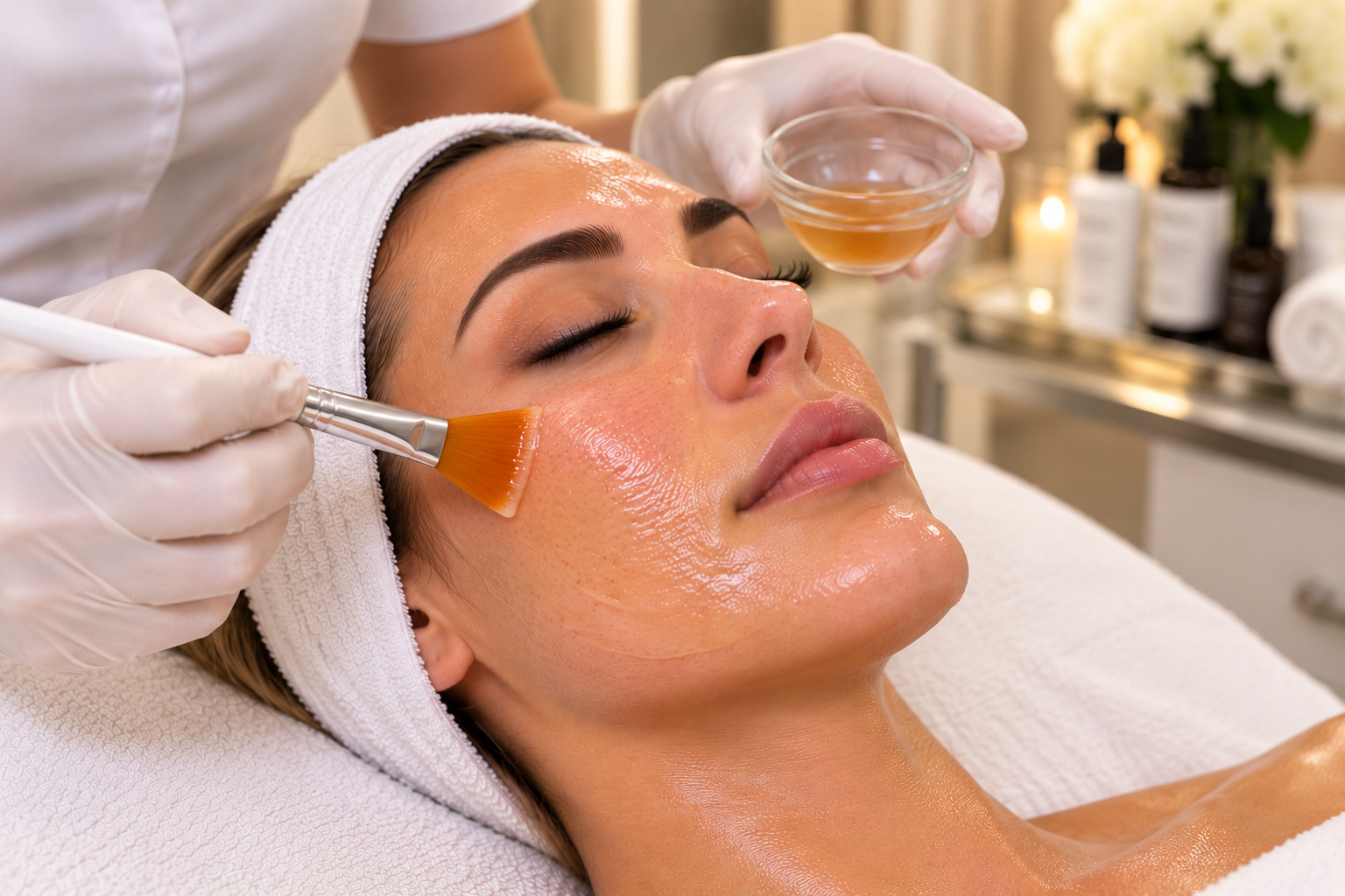 Esthetician applying a facial peel with a brush to a woman's cheek at a spa