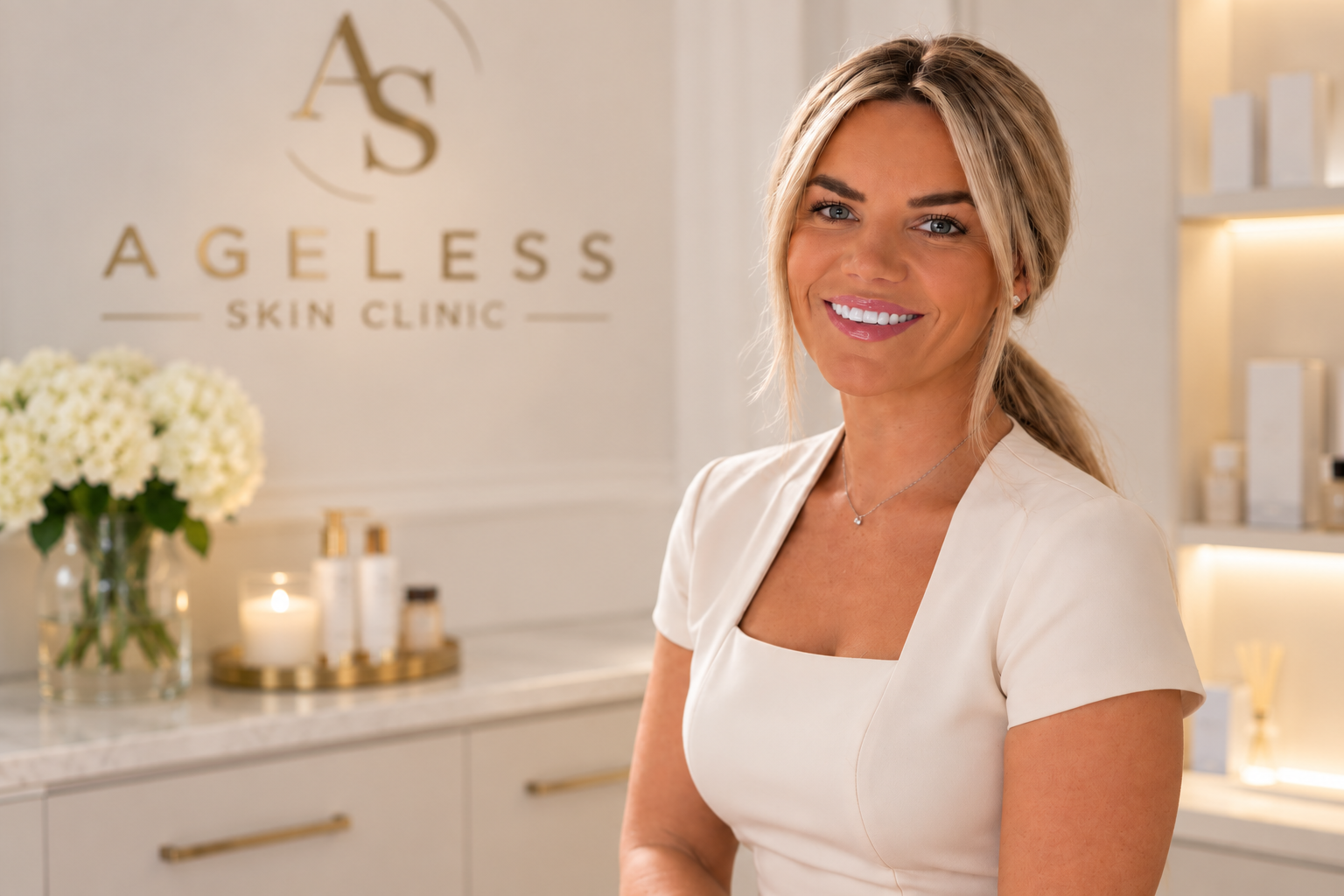 Smiling skincare clinician in a beauty clinic with an Ageless Skin Clinic sign, flowers, candles, and product shelves